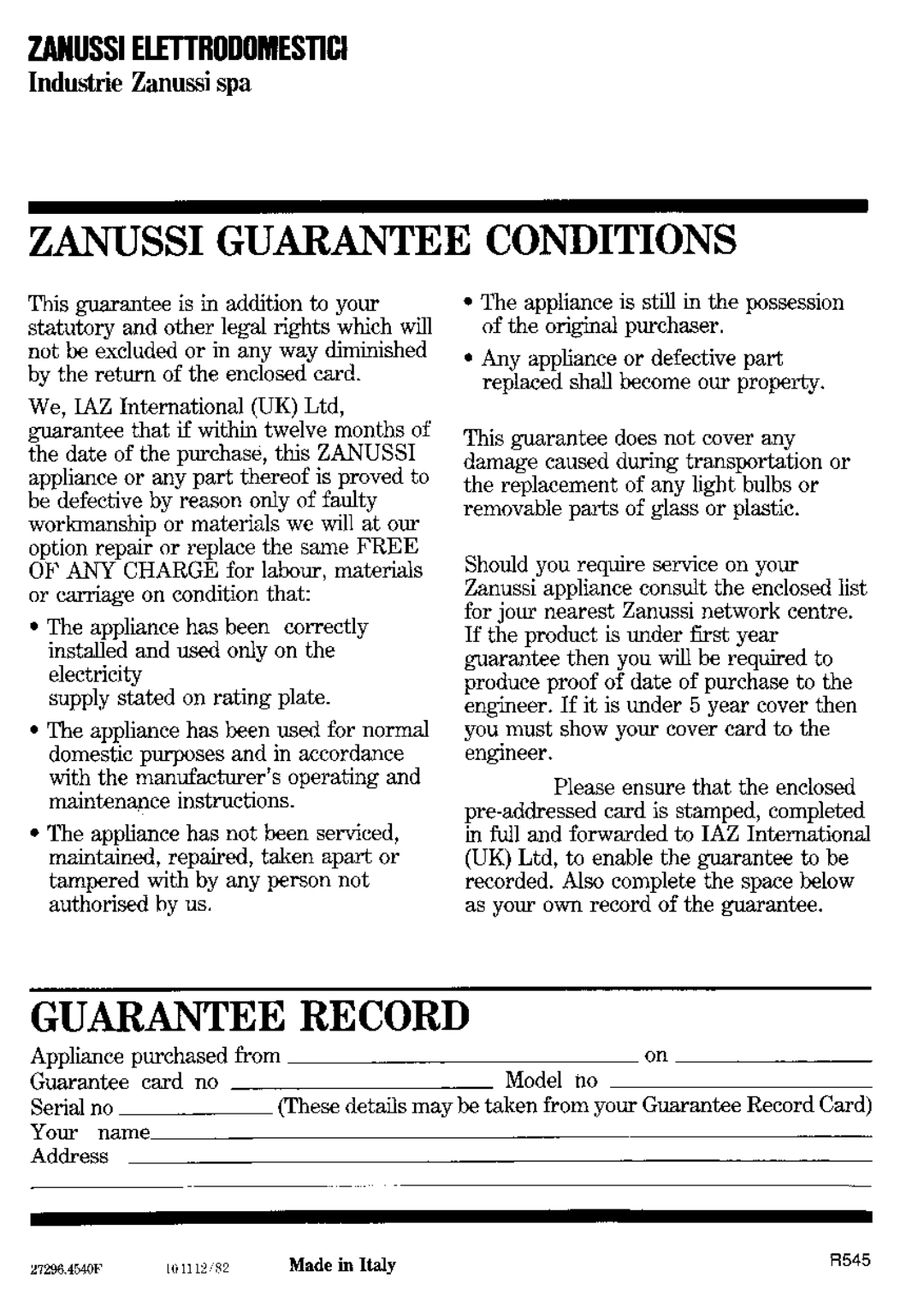 Zanussi FM56 manual 