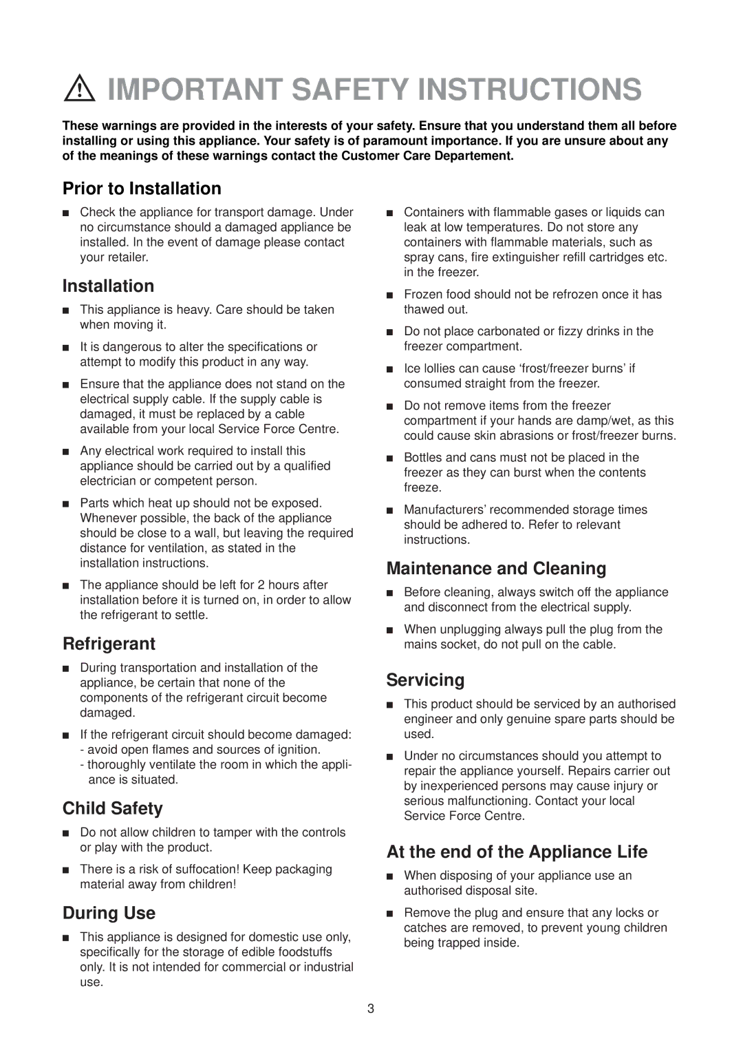 Zanussi FREEZER ZV 47 manual Important Safety Instructions 