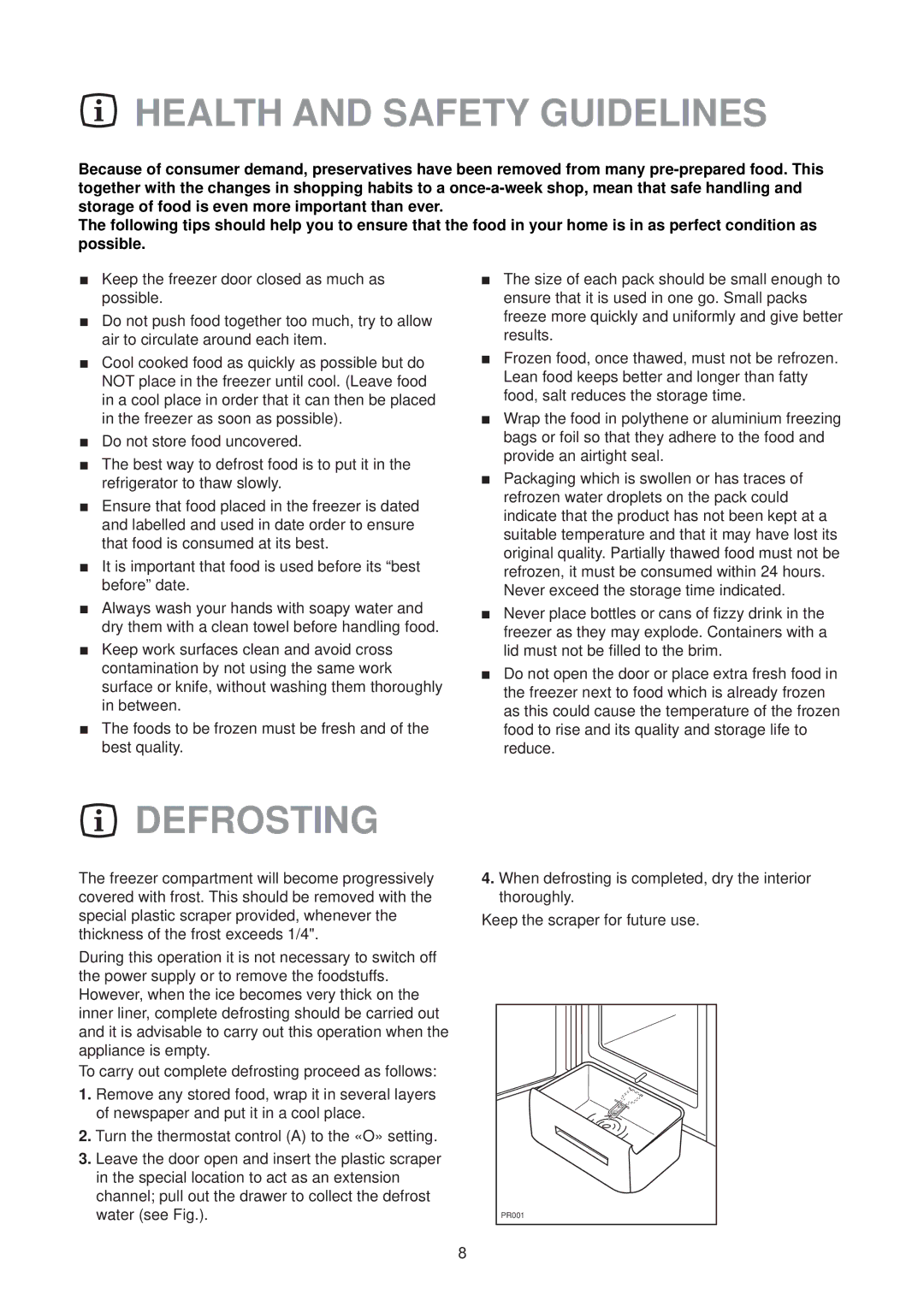 Zanussi FREEZER ZV 47 manual Health and Safety Guidelines, Defrosting 