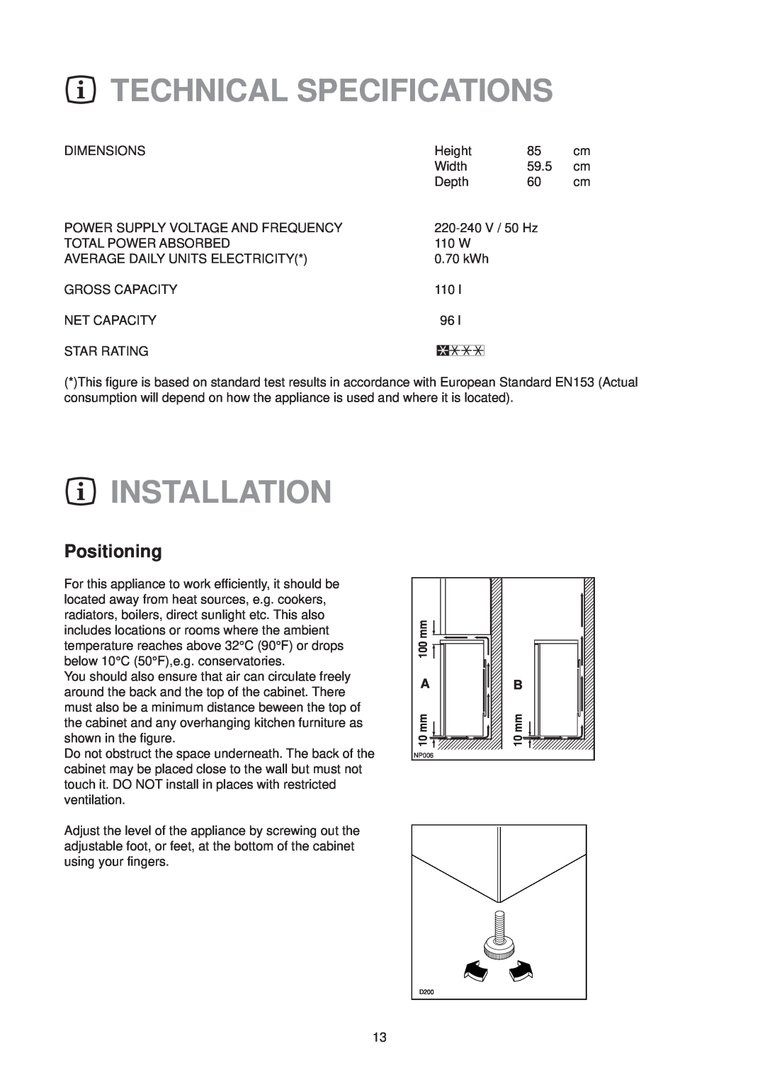 Zanussi FREEZER ZV 47 manual Technical Specifications, Installation, Positioning 