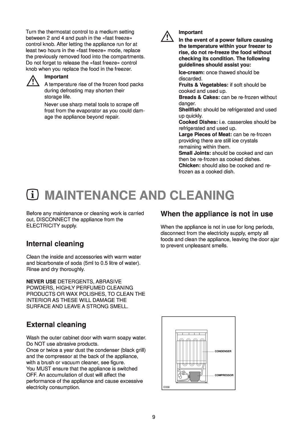 Zanussi FREEZER ZV 47 Maintenance And Cleaning, Internal cleaning, When the appliance is not in use, External cleaning 