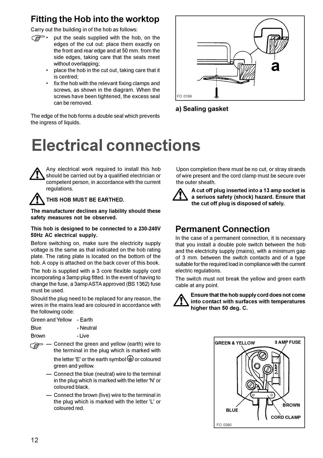 Zanussi GAS HOB Electrical connections, Fitting the Hob into the worktop, Permanent Connection, This HOB Must be Earthed 