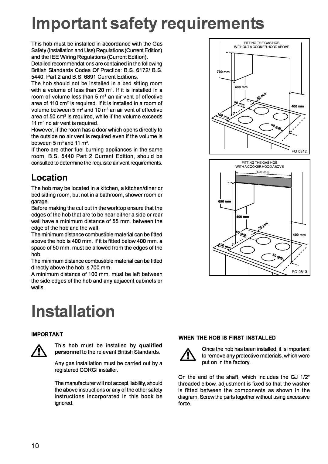 Zanussi GAS HOB manual Important safety requirements, Installation, Location 
