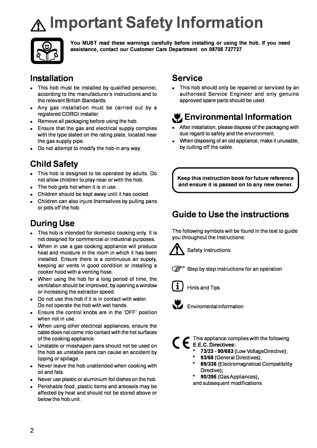 Zanussi GAS HOB Important Safety Information, Installation, Service, Environmental Information, Child Safety, During Use 