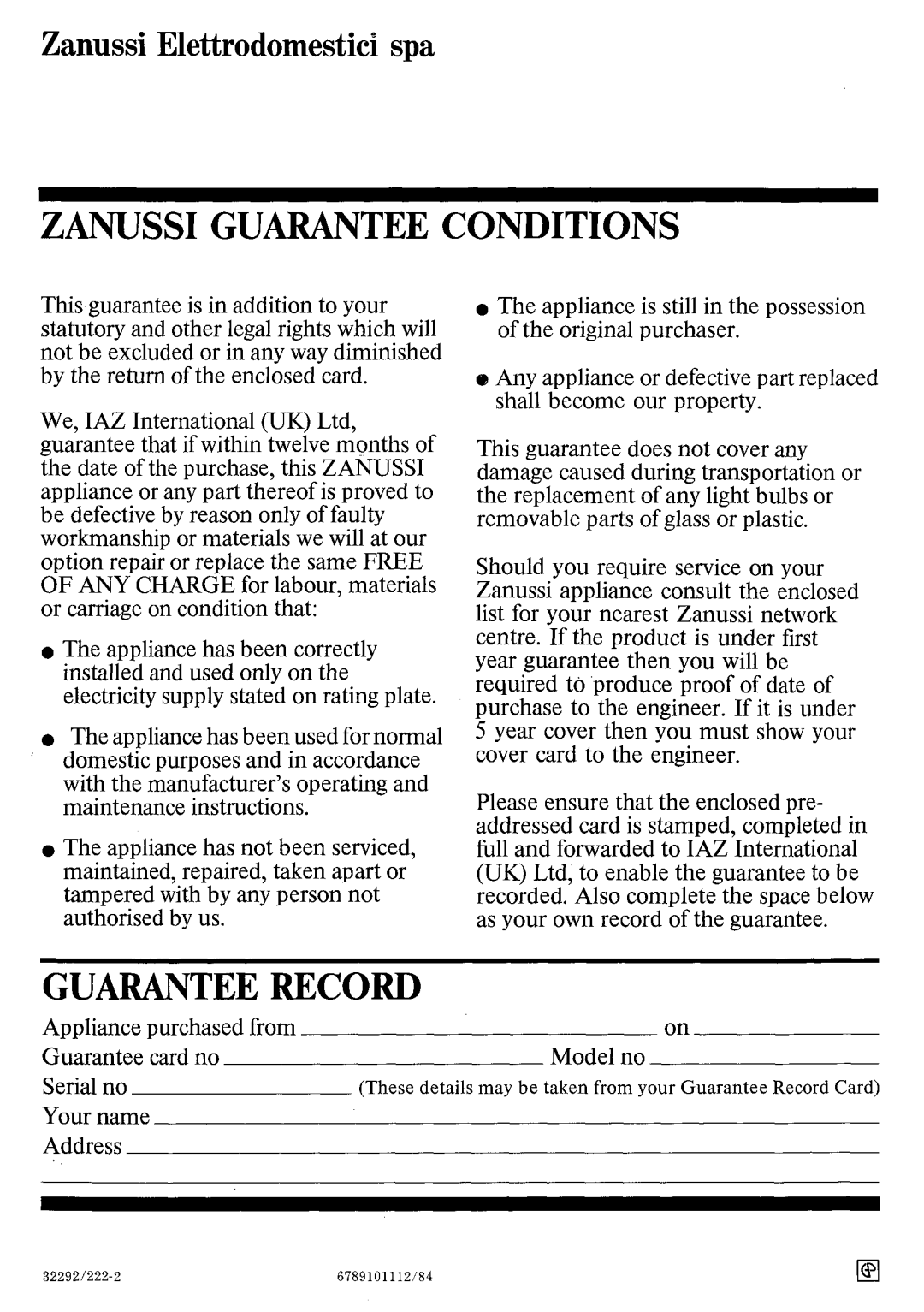 Zanussi ID 500, ID 503 manual 