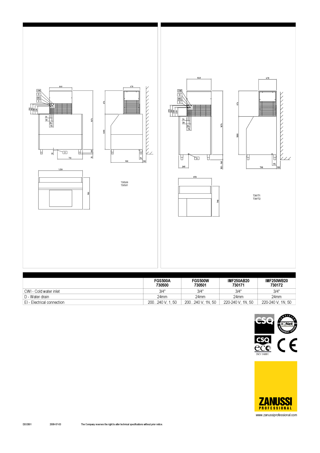 Zanussi FGS500A, IMF250WB20, IMF250AB20, FGS500W, 730171, 730500, 730501, 730172 dimensions Zanussi 