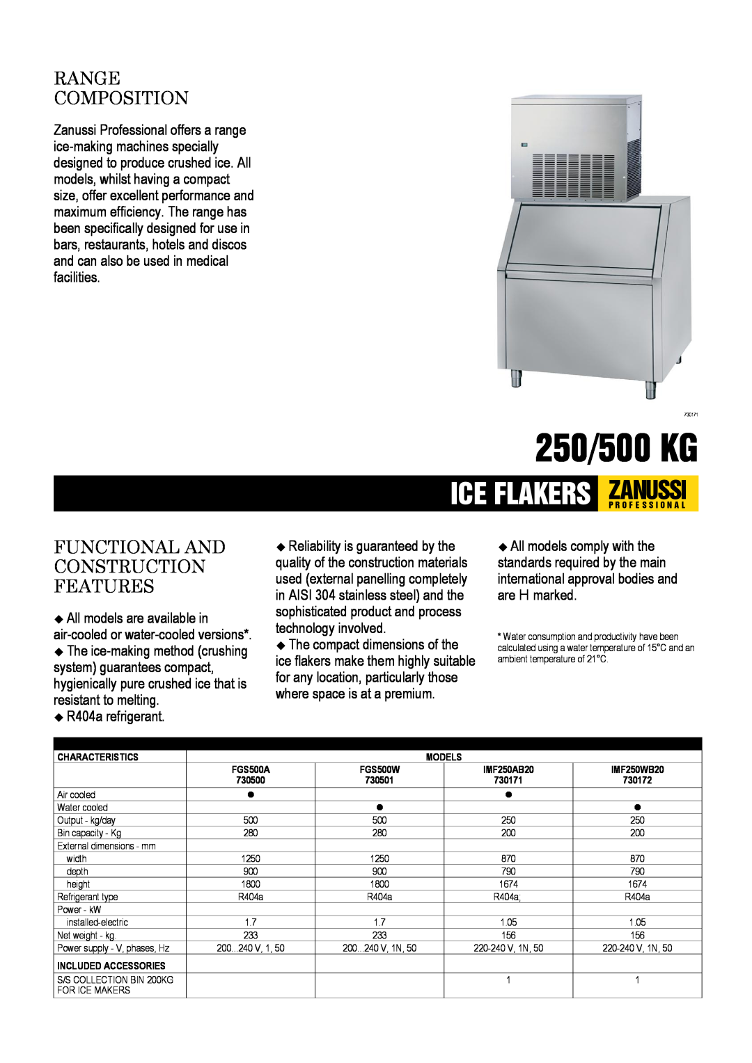 Zanussi IMF250AB20, IMF250WB20, FGS500A dimensions 250/500 KG, Range Composition, Functional And Construction Features 