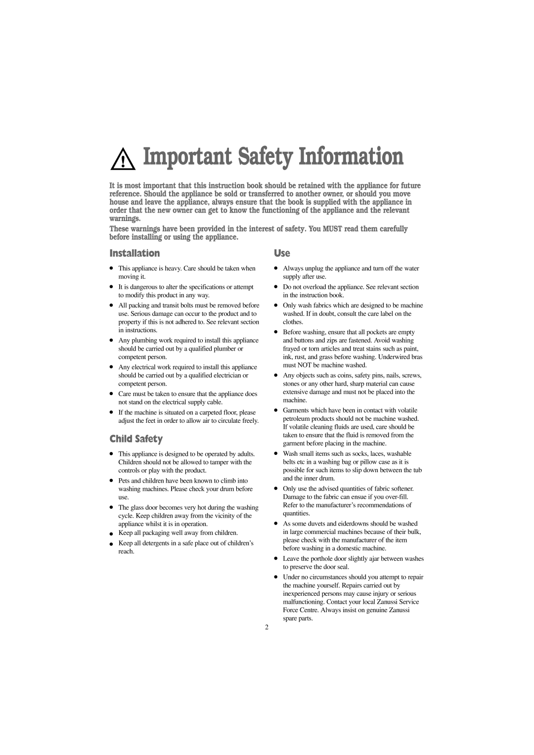 Zanussi IZ 12 manual Installation, Child Safety, Use 