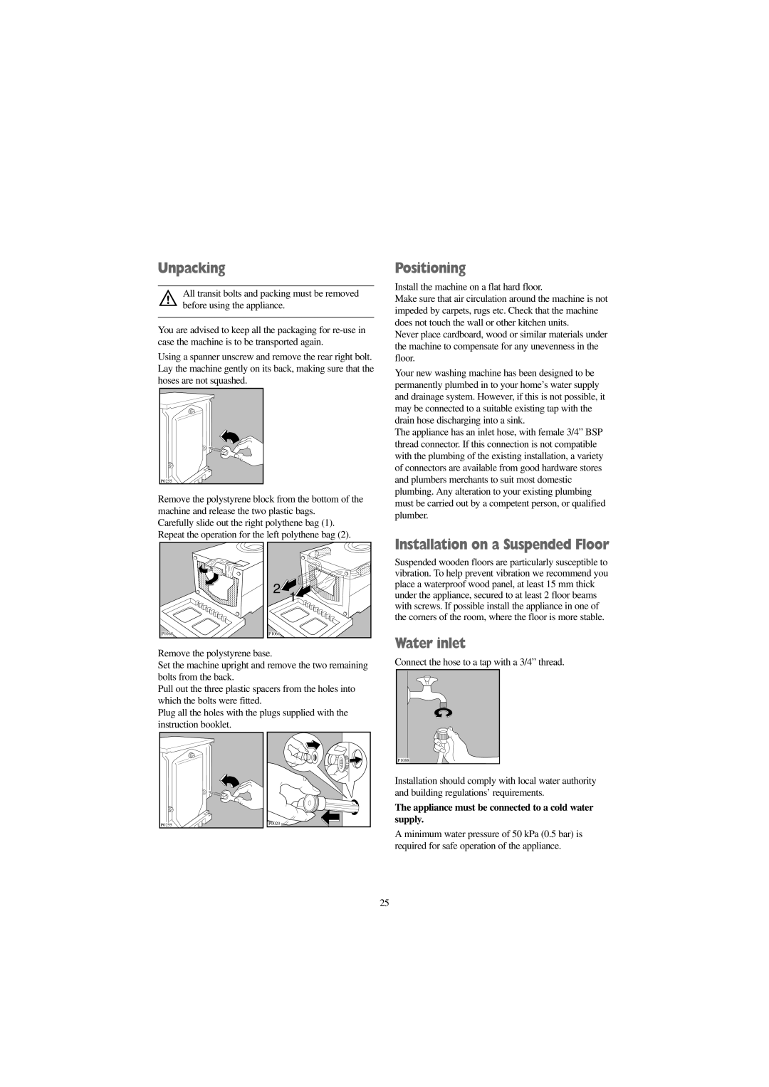 Zanussi IZ 12 manual Unpacking, Positioning, Installation on a Suspended Floor, Water inlet 