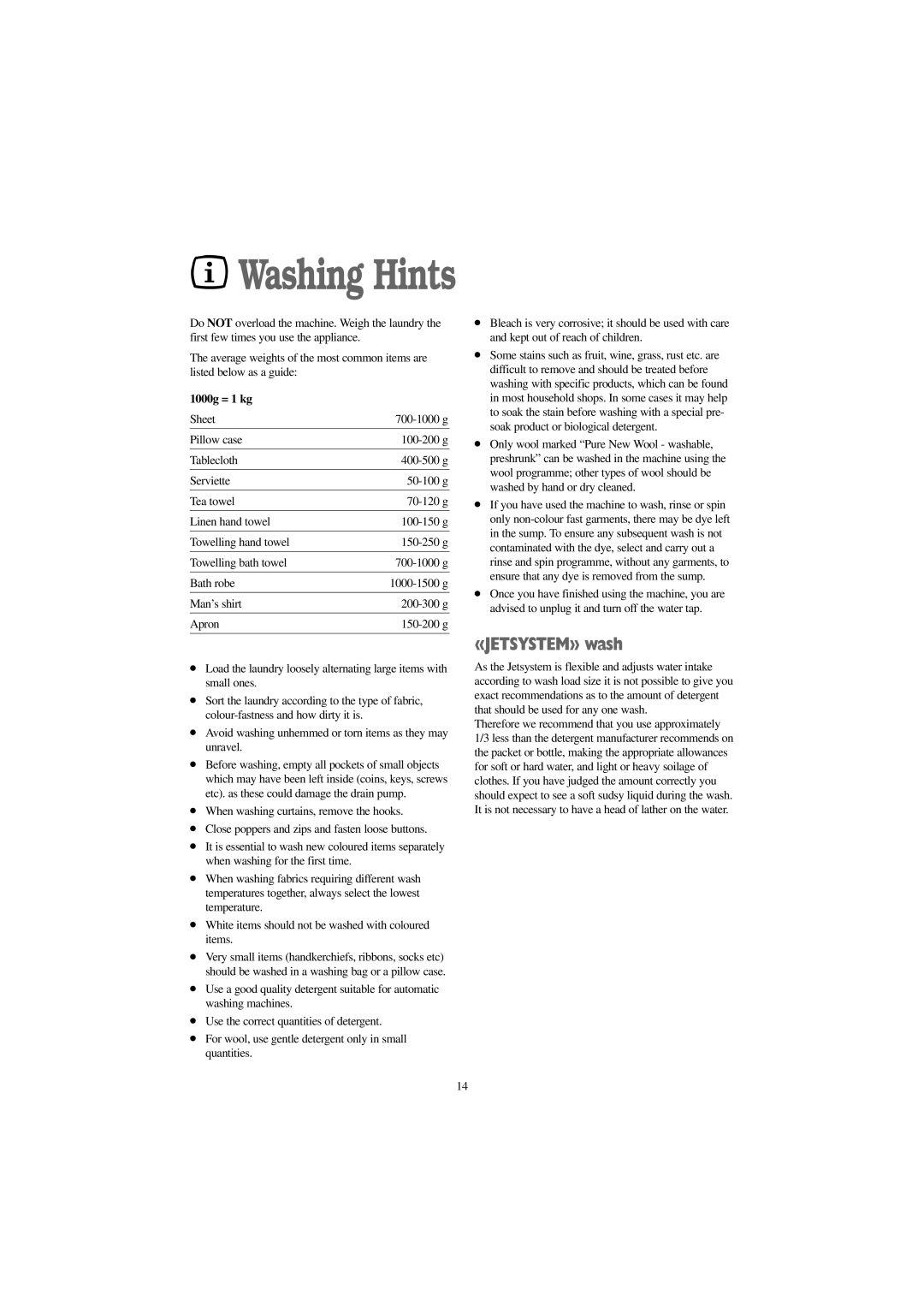 Zanussi IZ 161 S, IZ 141 S, IZ 161 W, IZ 141 W manual «JETSYSTEM» wash, 1000g = 1 kg 