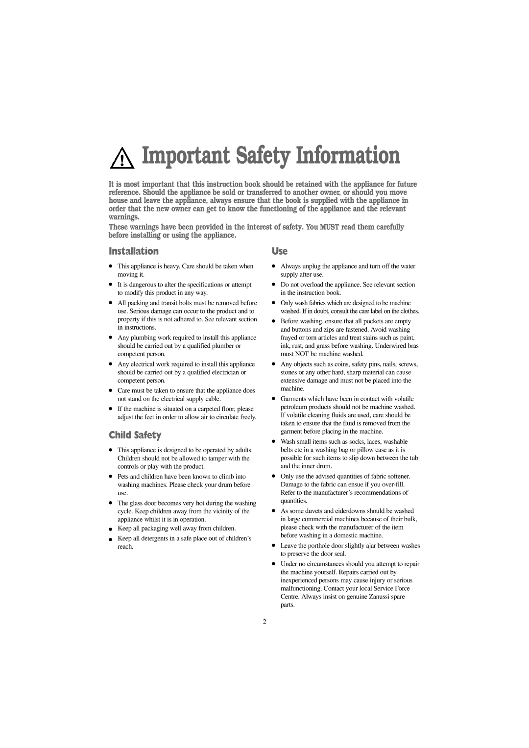 Zanussi IZ 161 S, IZ 141 S, IZ 161 W, IZ 141 W manual Installation, Child Safety, Use 