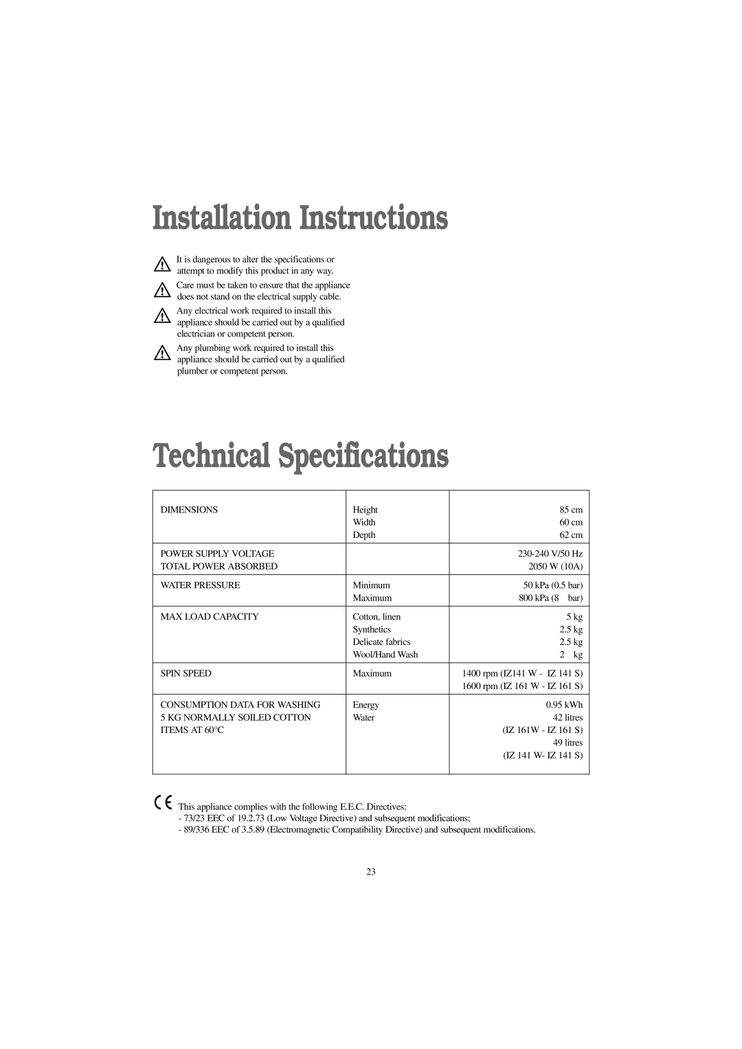 Zanussi IZ 141 W, IZ 141 S, IZ 161 W, IZ 161 S manual Installation Instructions, Technical Specifications 