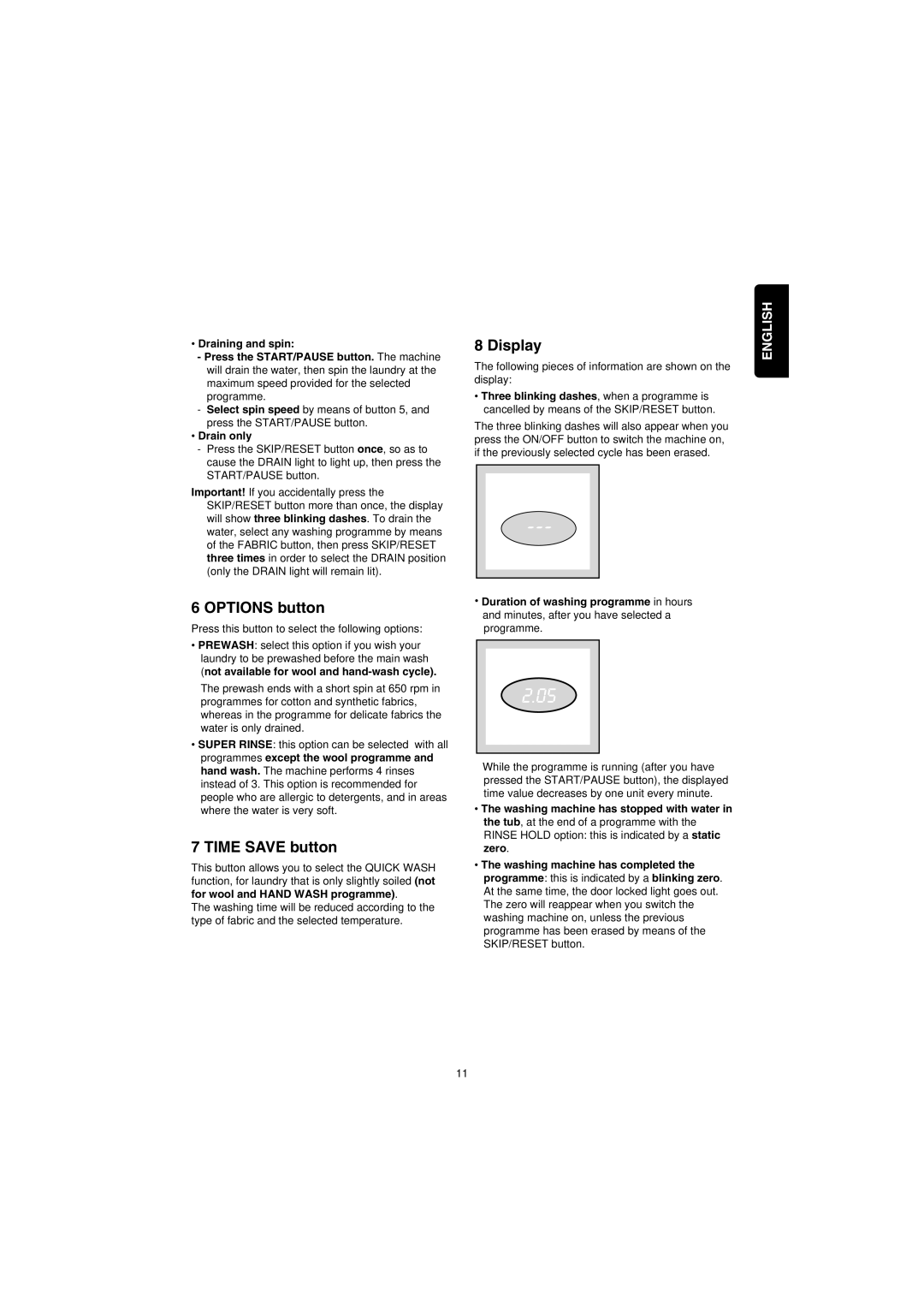 Zanussi IZ10 manual Options button, Time Save button, Display, Drain only 