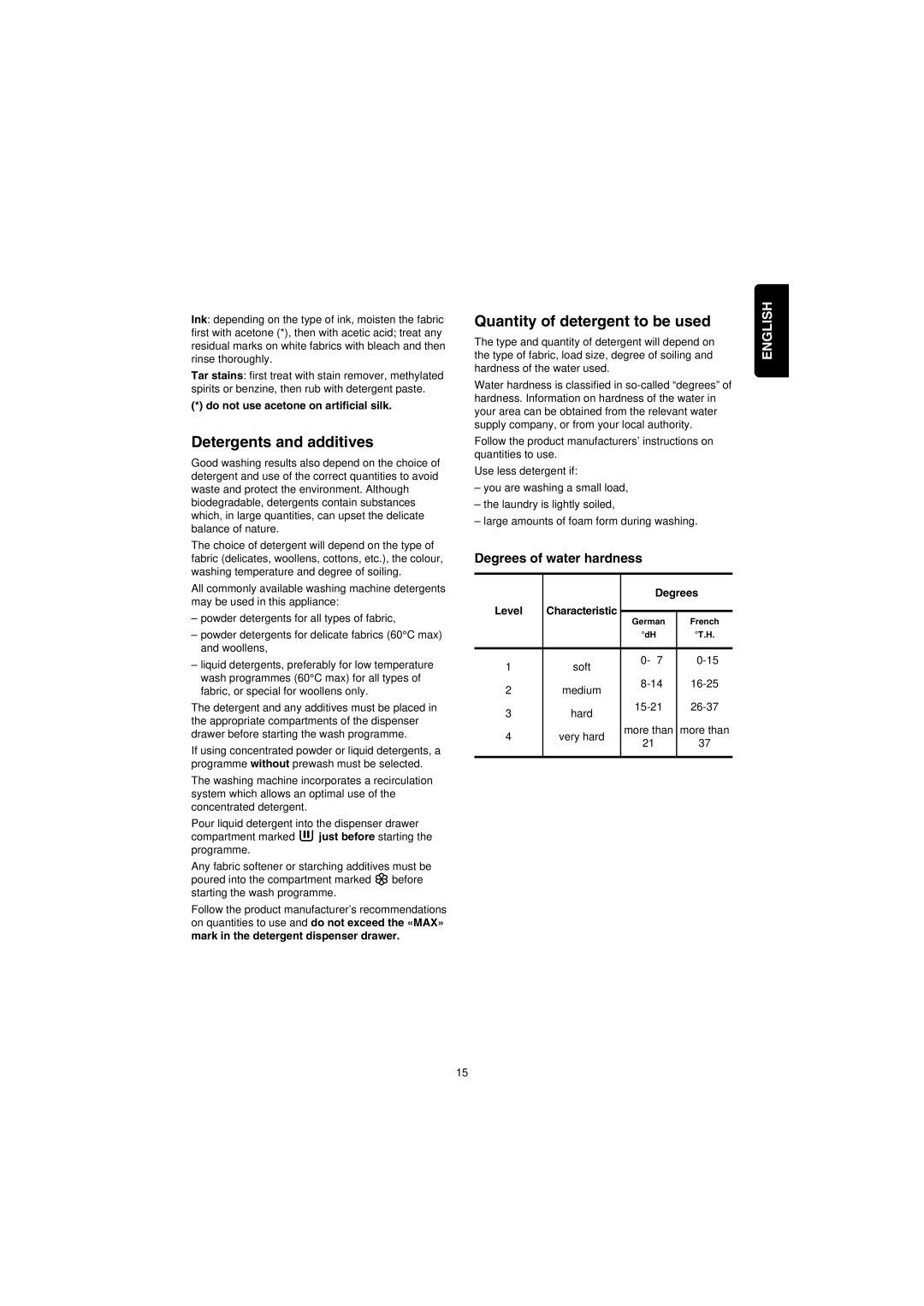 Zanussi IZ10 Detergents and additives, Quantity of detergent to be used, Do not use acetone on artificial silk, Degrees 