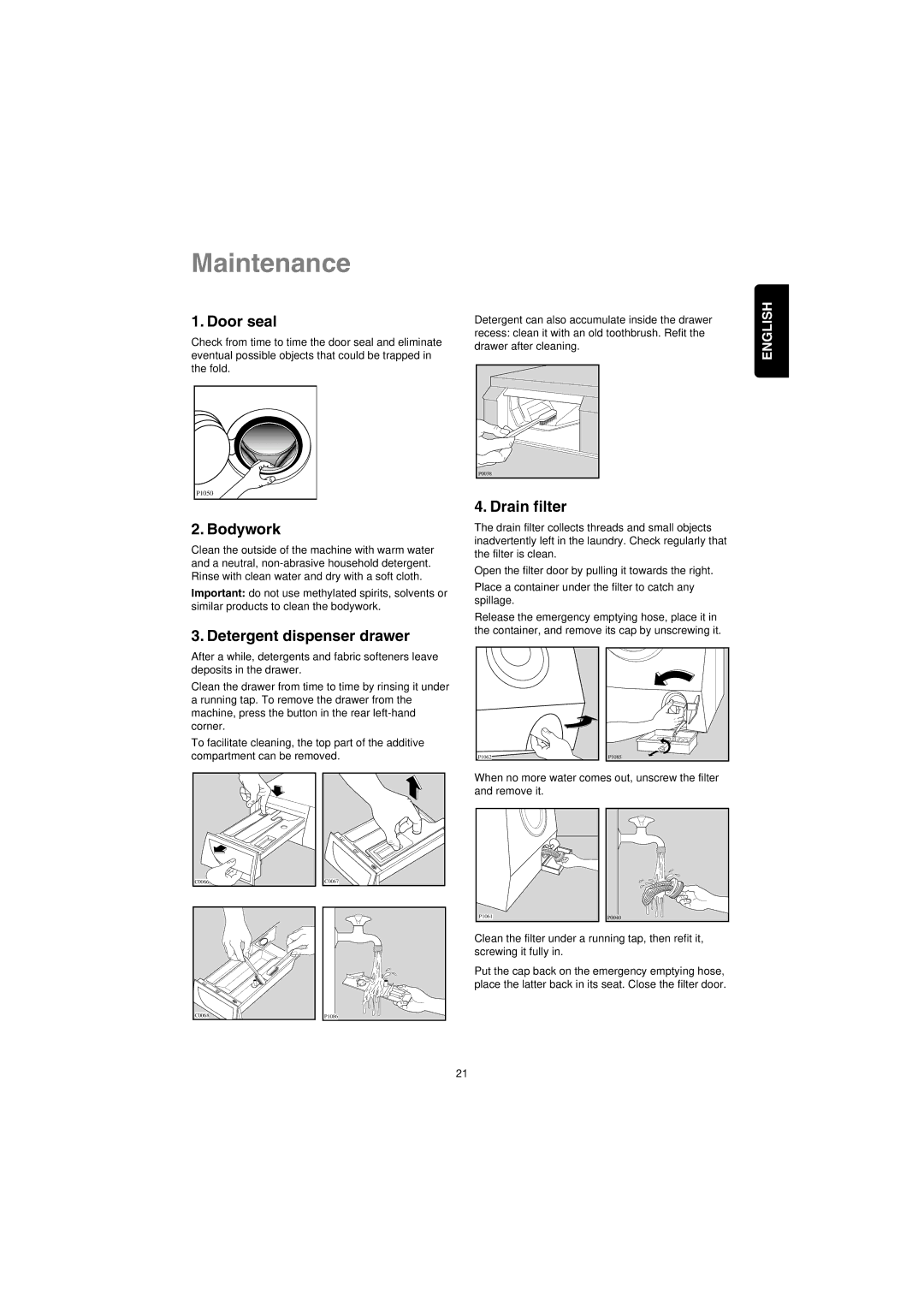 Zanussi IZ10 manual Maintenance, Door seal, Bodywork, Drain filter 