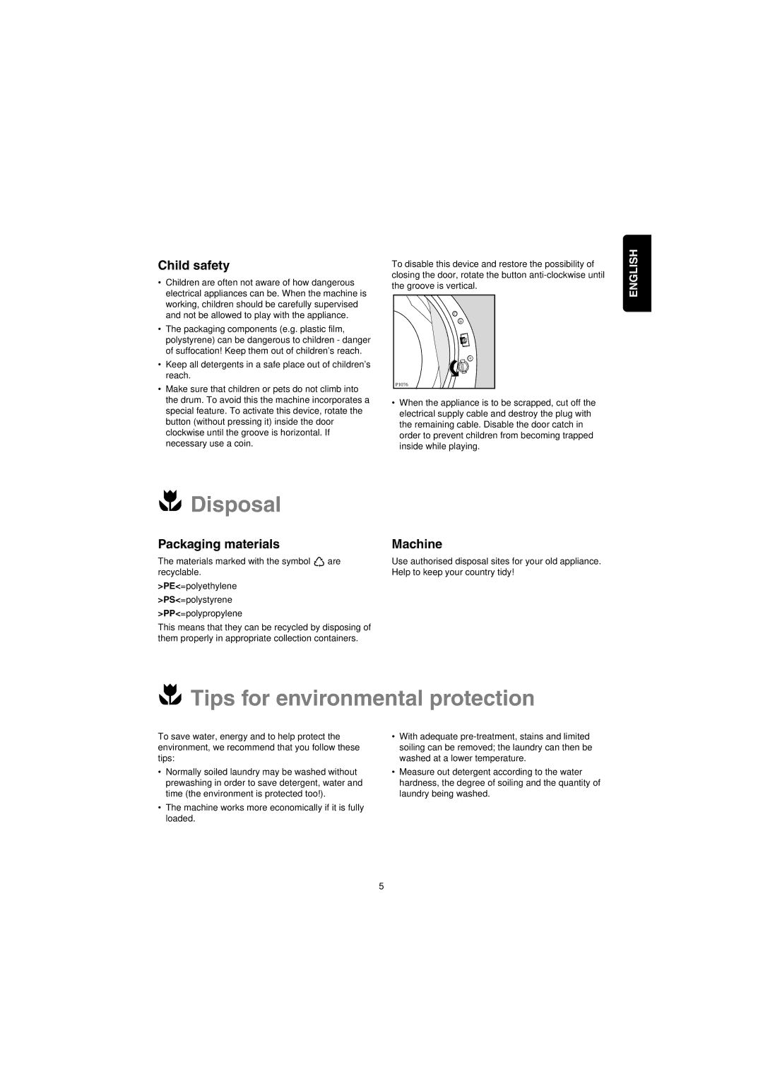 Zanussi IZ10 manual Disposal, Tips for environmental protection, Child safety, Packaging materials, Machine 