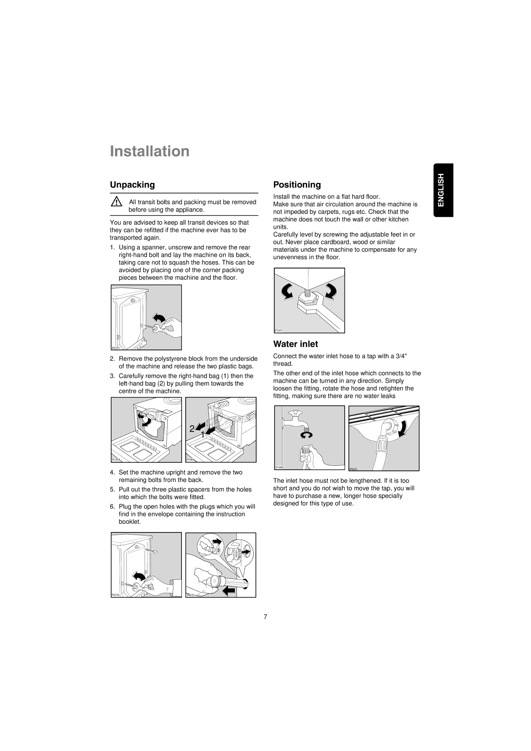 Zanussi IZ10 manual Installation, Unpacking, Positioning, Water inlet 