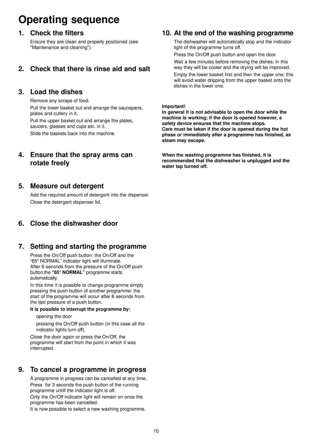 Zanussi IZZI manual Operating sequence 