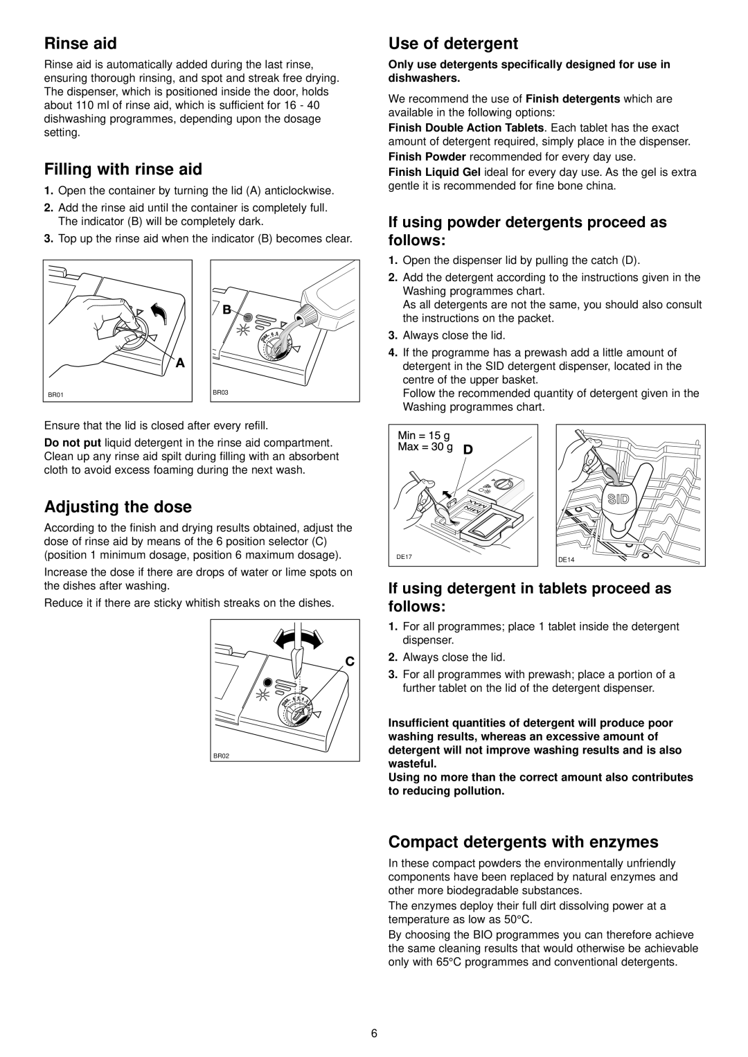 Zanussi IZZI Rinse aid, Filling with rinse aid, Use of detergent, Adjusting the dose, Compact detergents with enzymes 