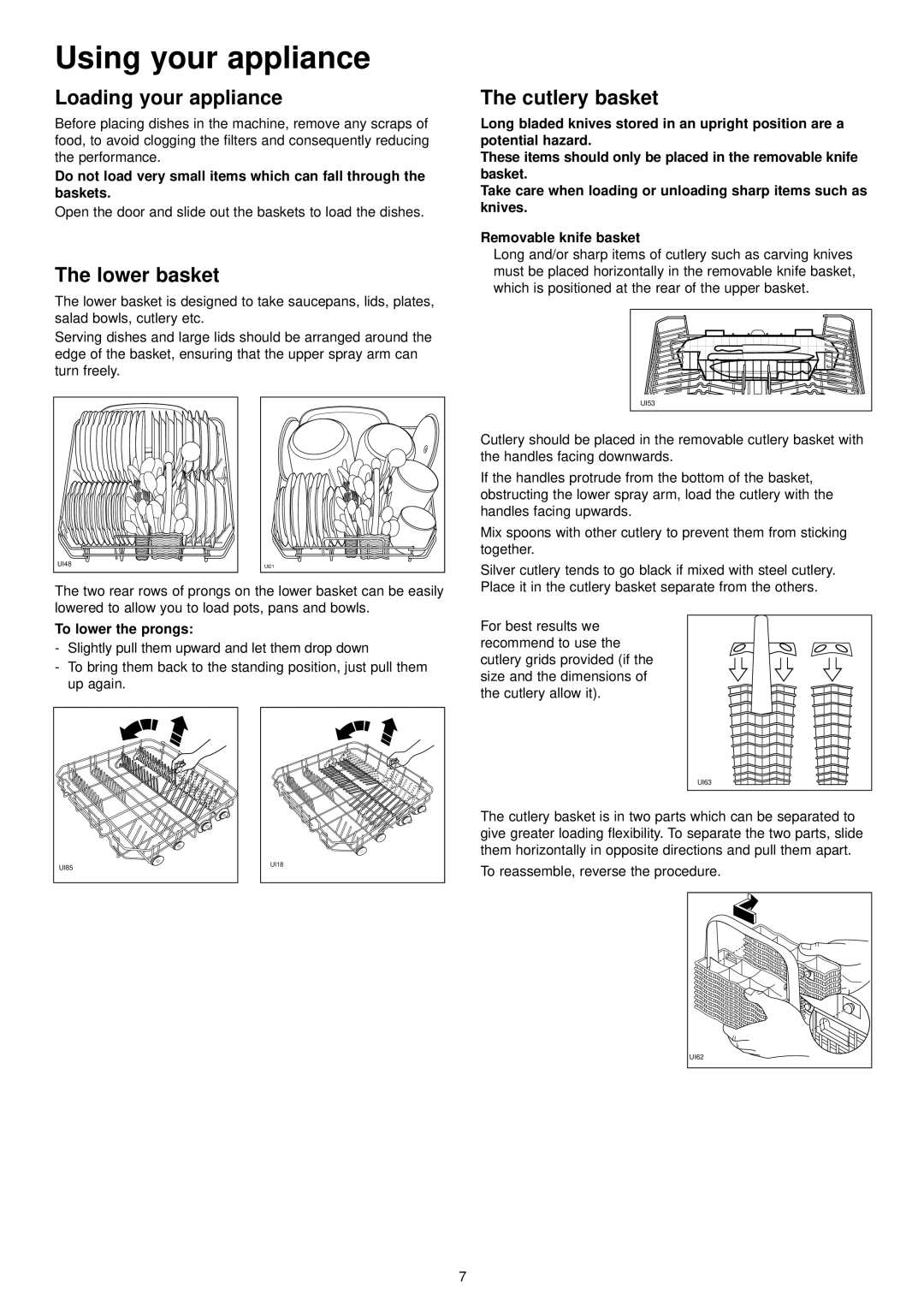 Zanussi IZZI manual Using your appliance, Loading your appliance, Lower basket, Cutlery basket, To lower the prongs 