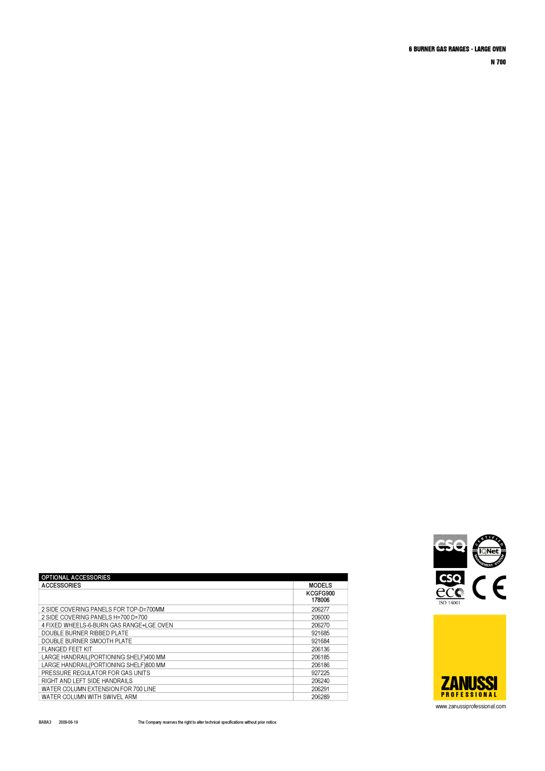 Zanussi KCGFG900, 178006 dimensions Zanussi 