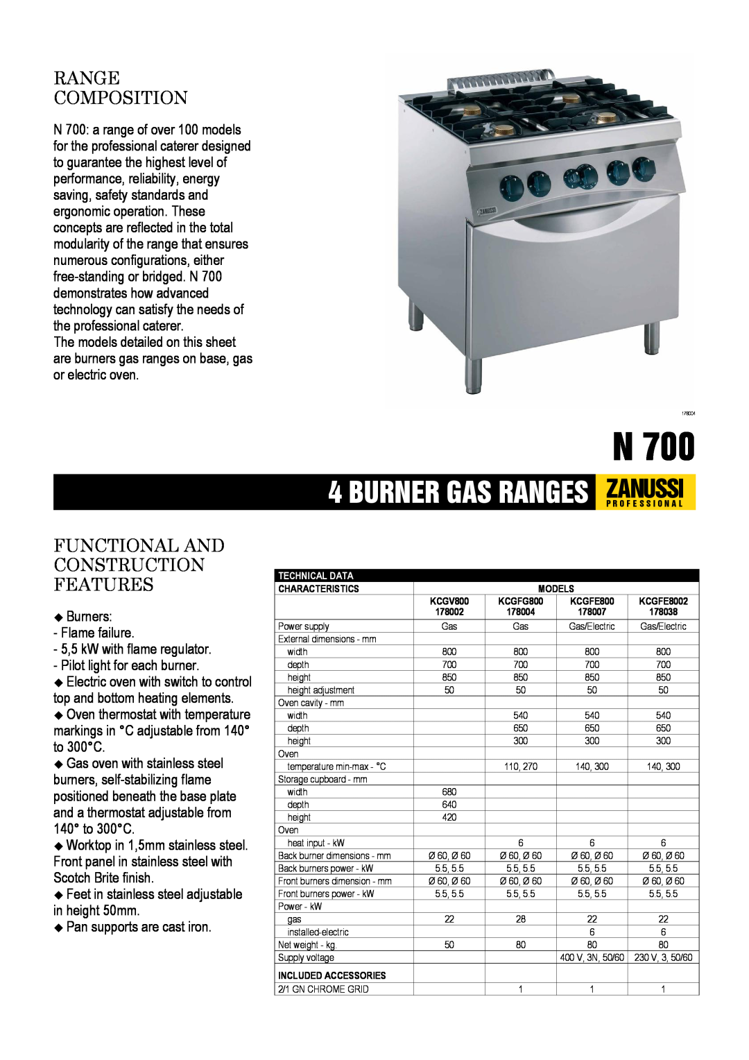 Zanussi KCGFE8002, KCGV800, KCGFG800, 178007, 178002 dimensions Range Composition, Functional And Construction Features 
