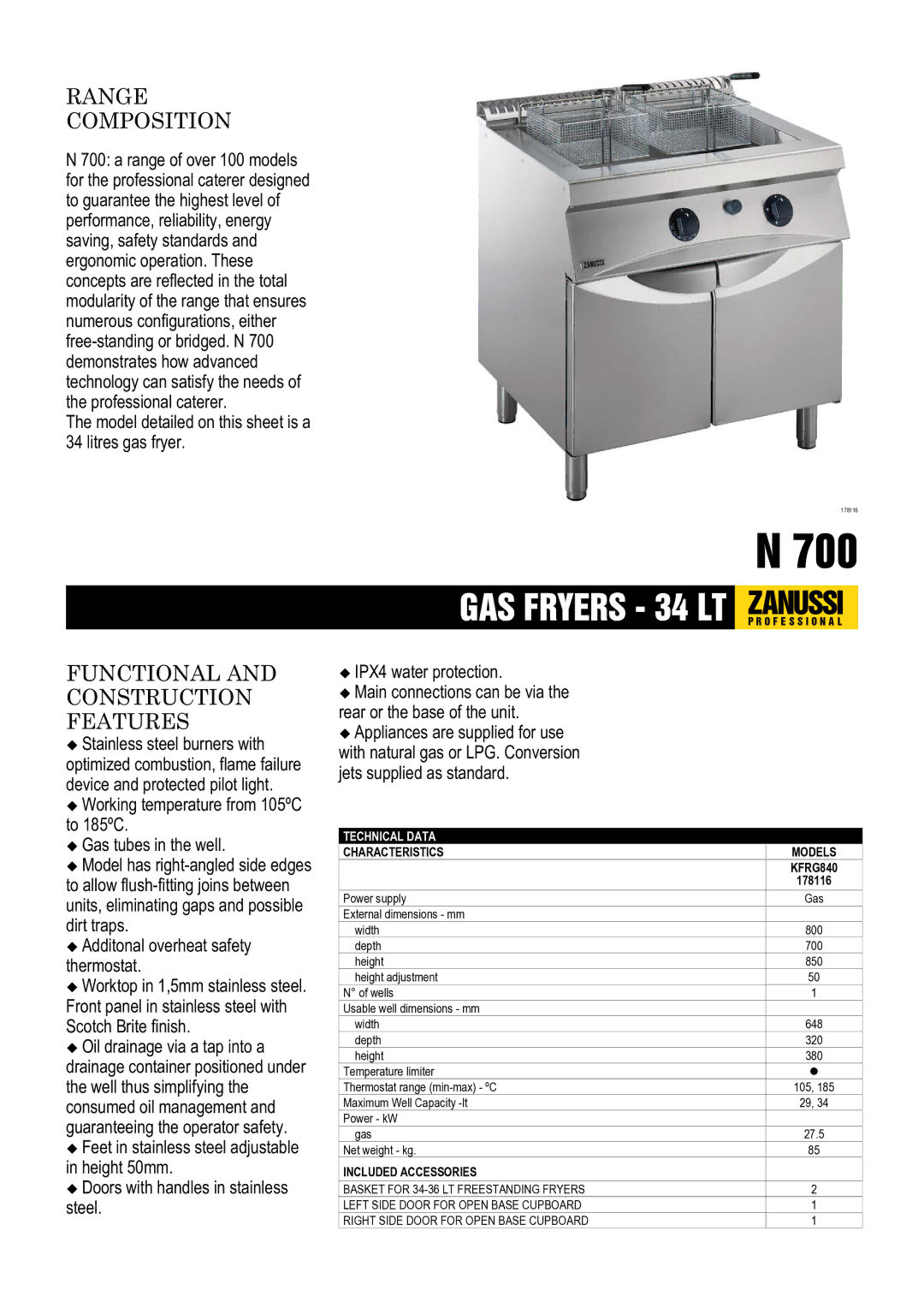 Zanussi 178116 dimensions Range Composition, Functional and Construction Features, Characteristics, Included Accessories 