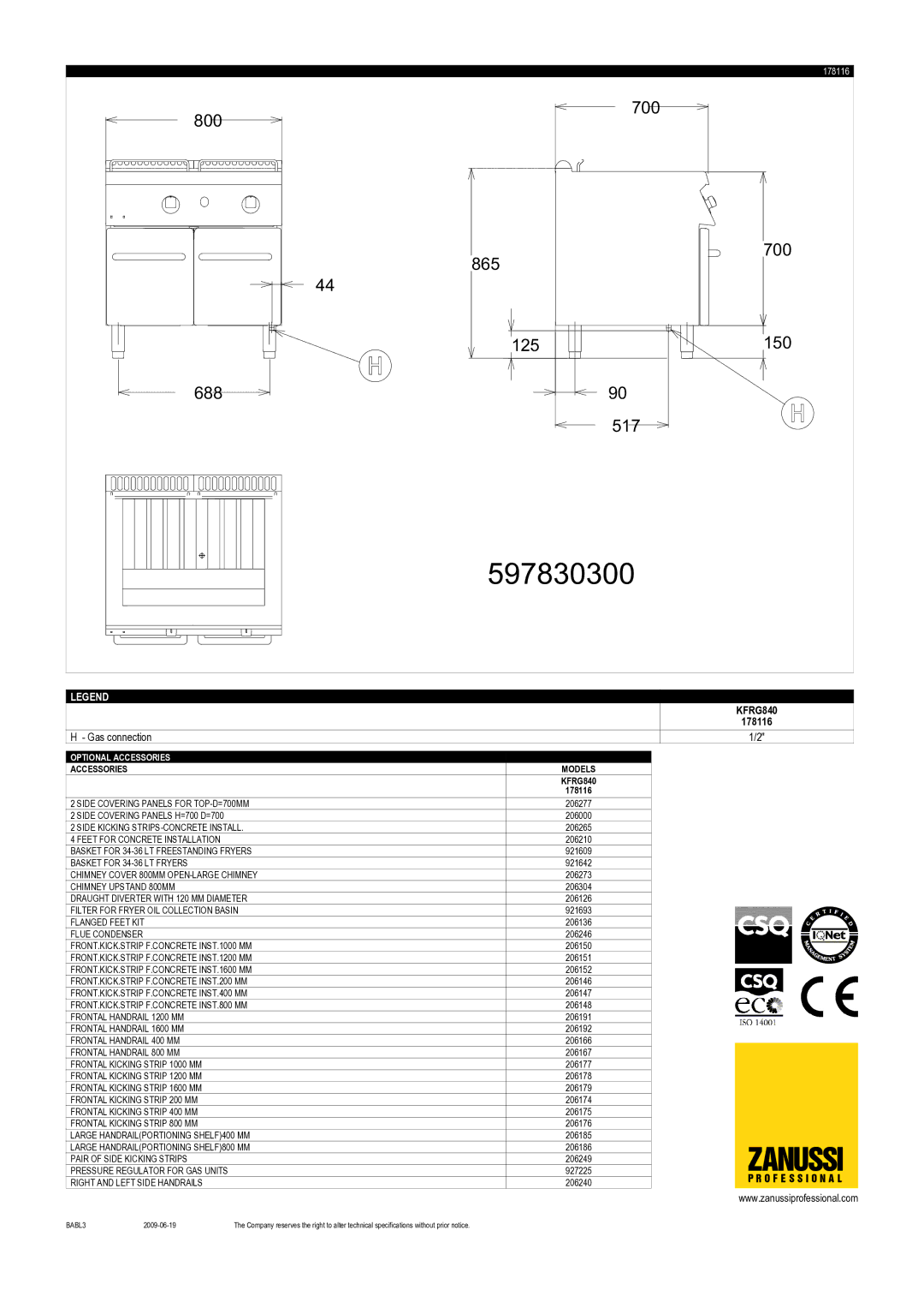 Zanussi KFRG840, 178116 dimensions 597830300 