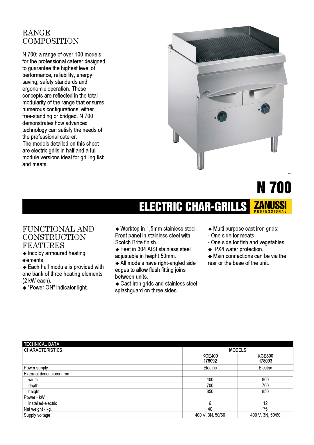 Zanussi KGE400, KGE800, 178093, 178092 dimensions Range Composition, Functional and Construction Features 