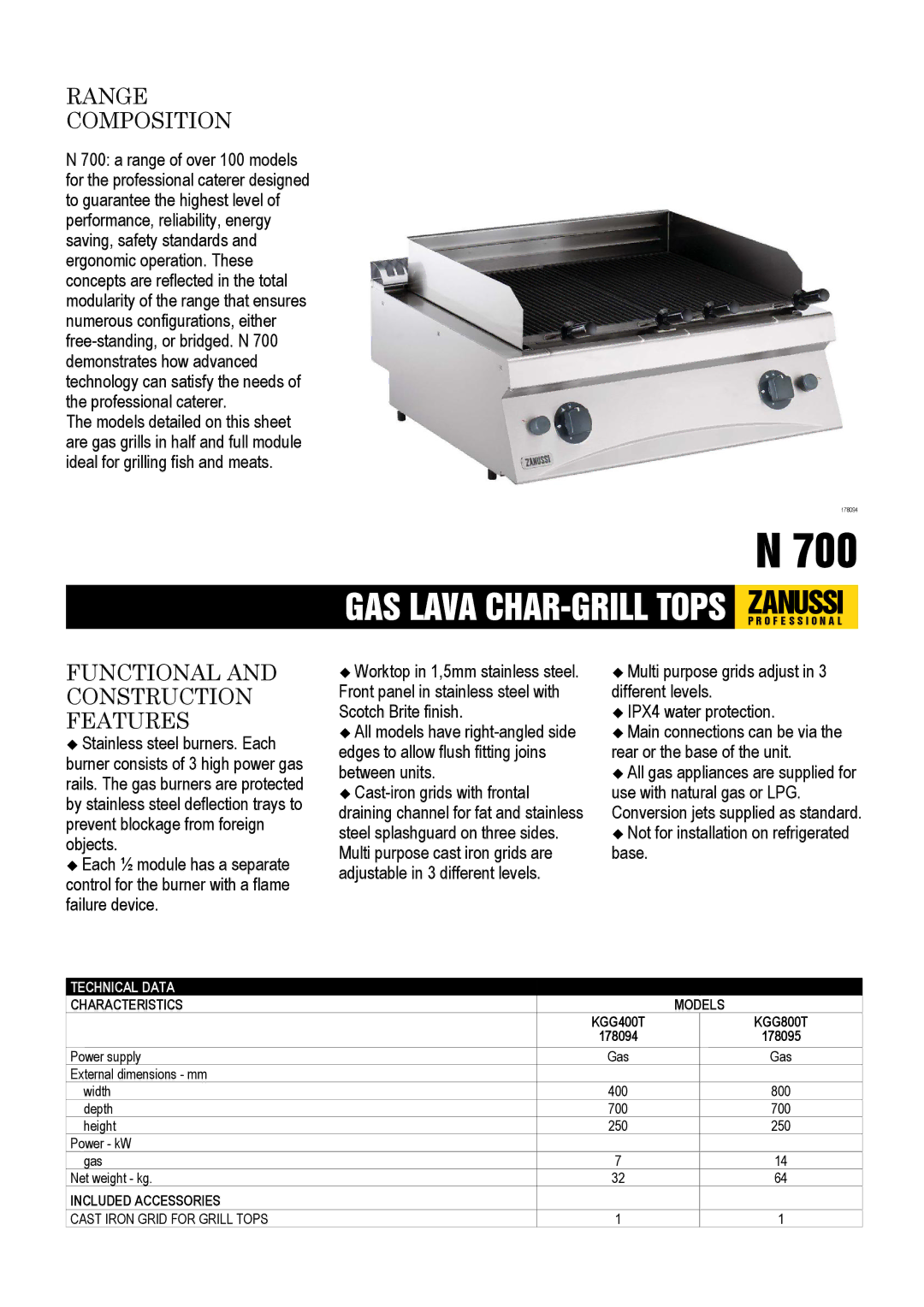 Zanussi 178095 dimensions Range Composition, Functional and Construction Features, Characteristics Models KGG400T KGG800T 