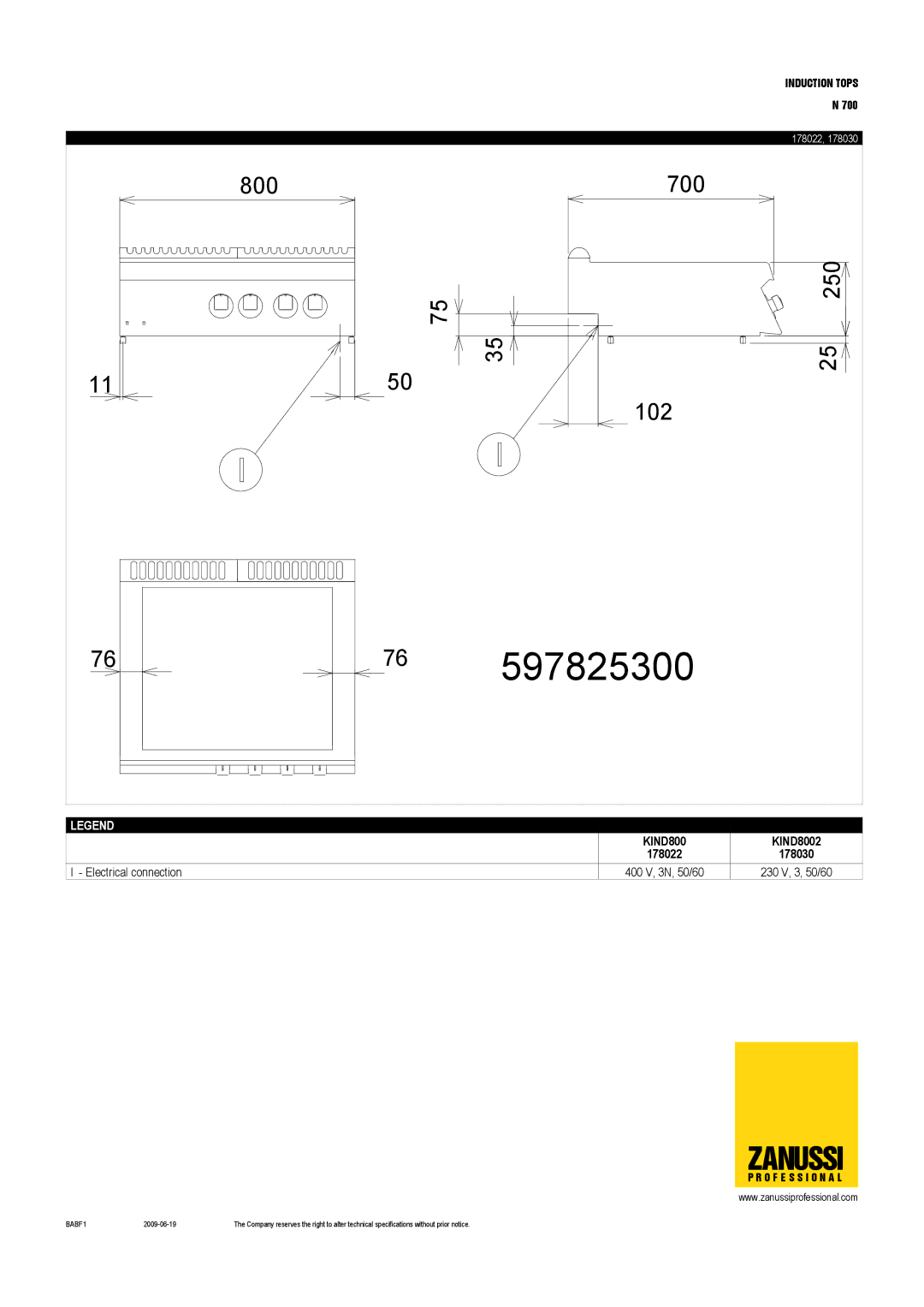 Zanussi KIND4002, KIND800F, KIND8002, 178021, 178041, 178029, 178022, 178030 dimensions 800 700 102 