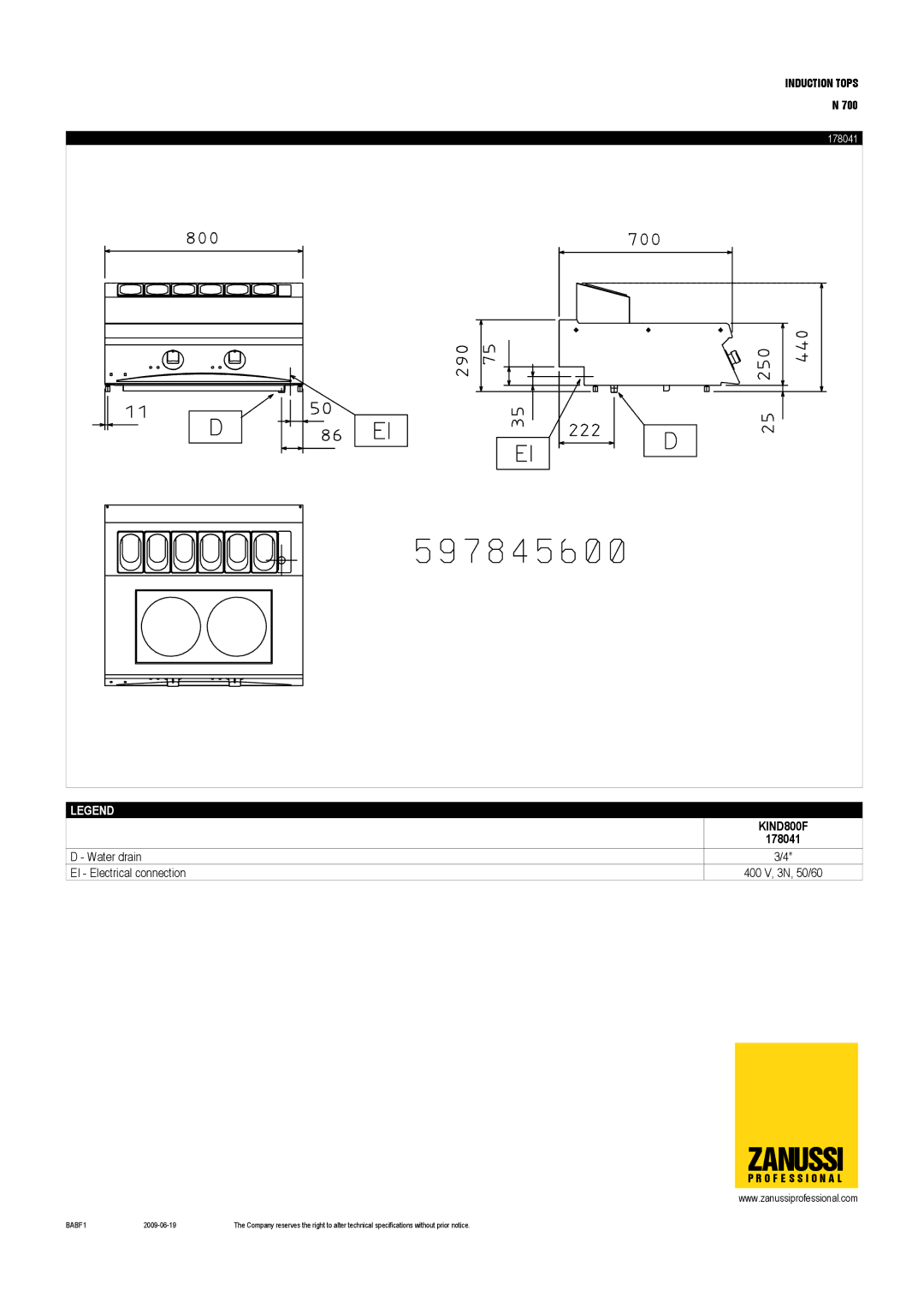 Zanussi 178021, KIND4002, KIND800F, KIND8002, 178041, 178029, 178022 Water drain EI Electrical connection 400 V, 3N, 50/60 