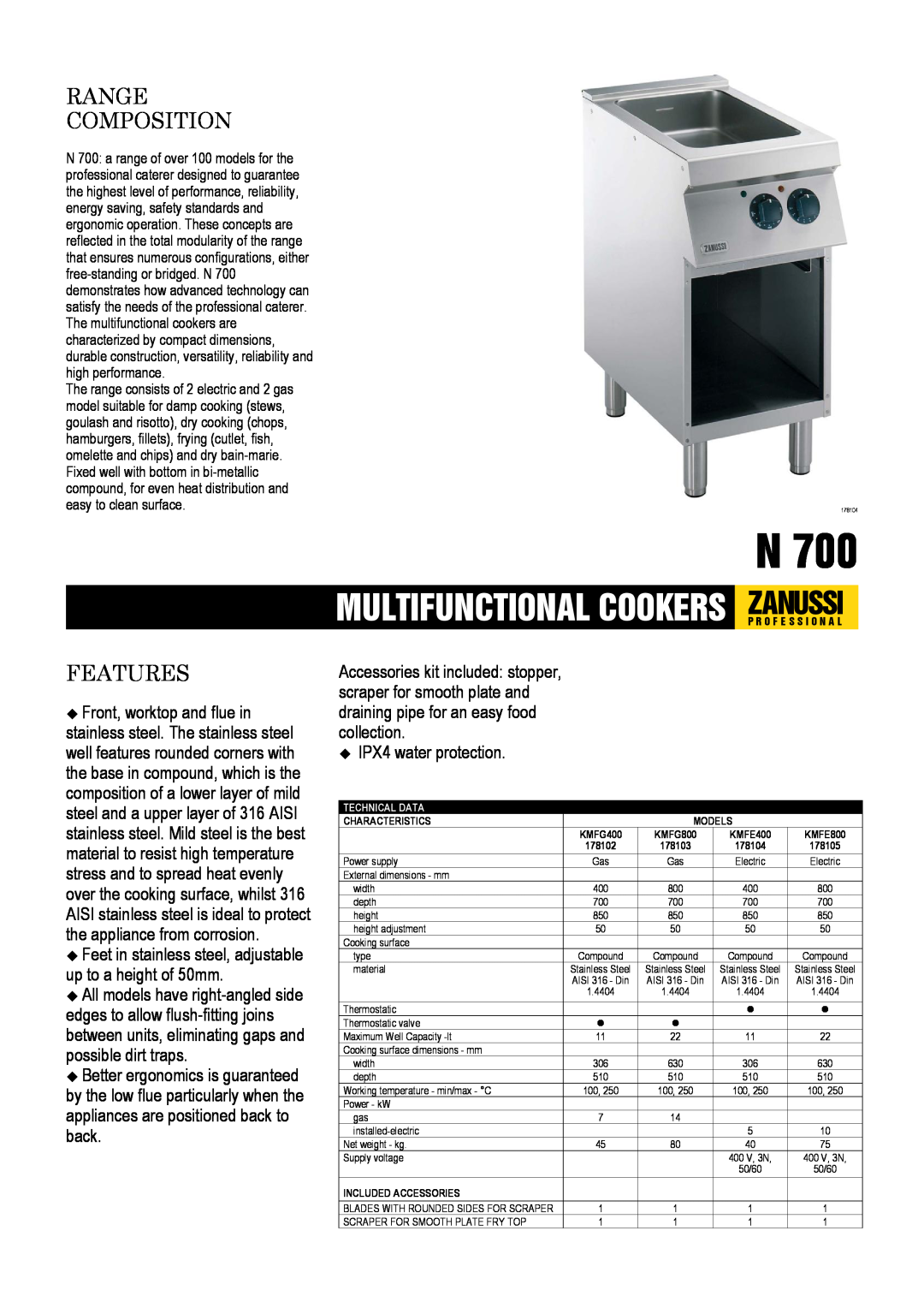 Zanussi KMFG800 dimensions Zanussi, Range Composition, Features, edges to allow flush-fittingjoins, IPX4 water protection 