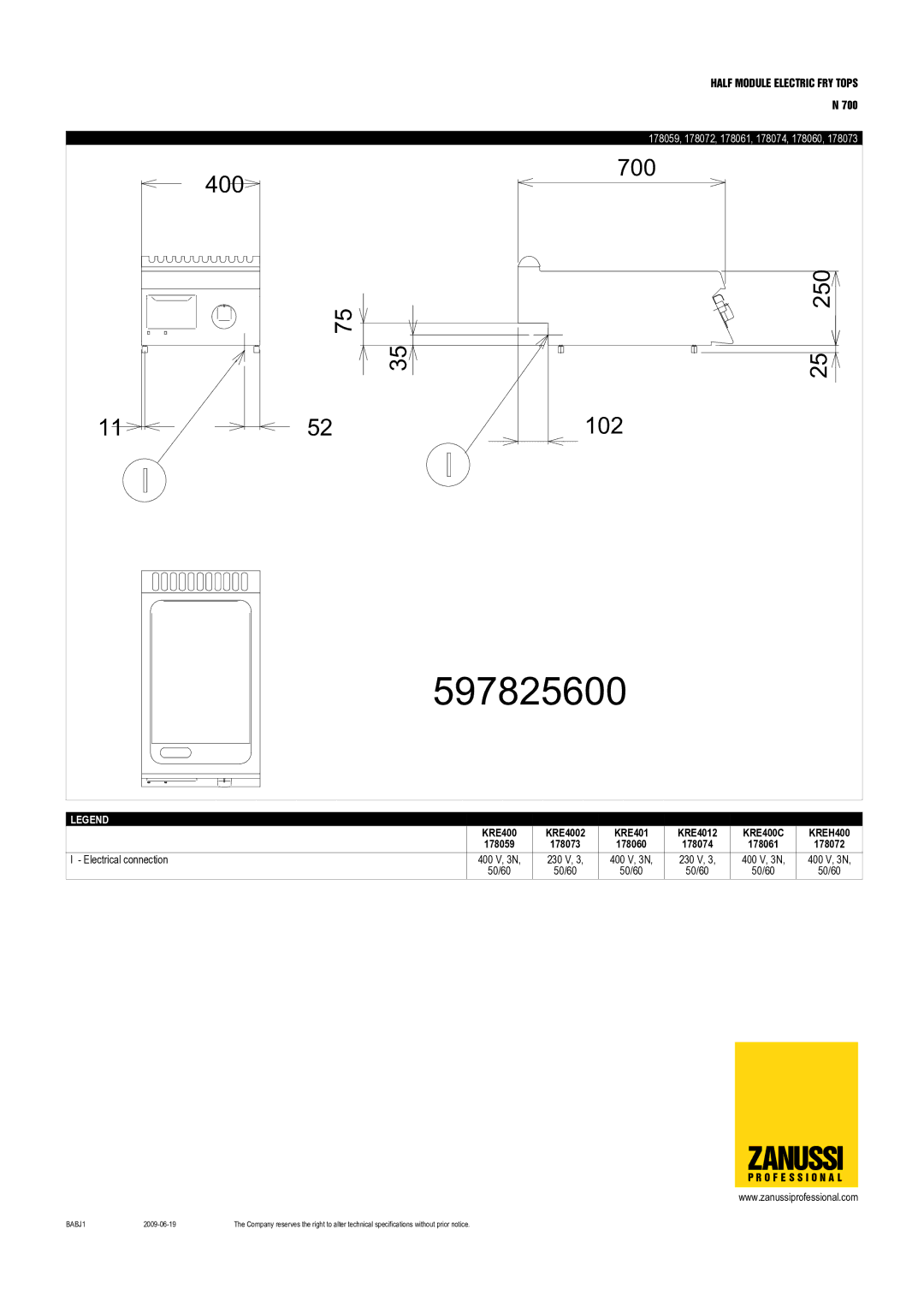 Zanussi KREV401, KREH400, KREV400C, KRE4012, KRE400C, KRE4002, 178067, 178065, 178066, 178061, 178060, 178073, 178072 597825600 