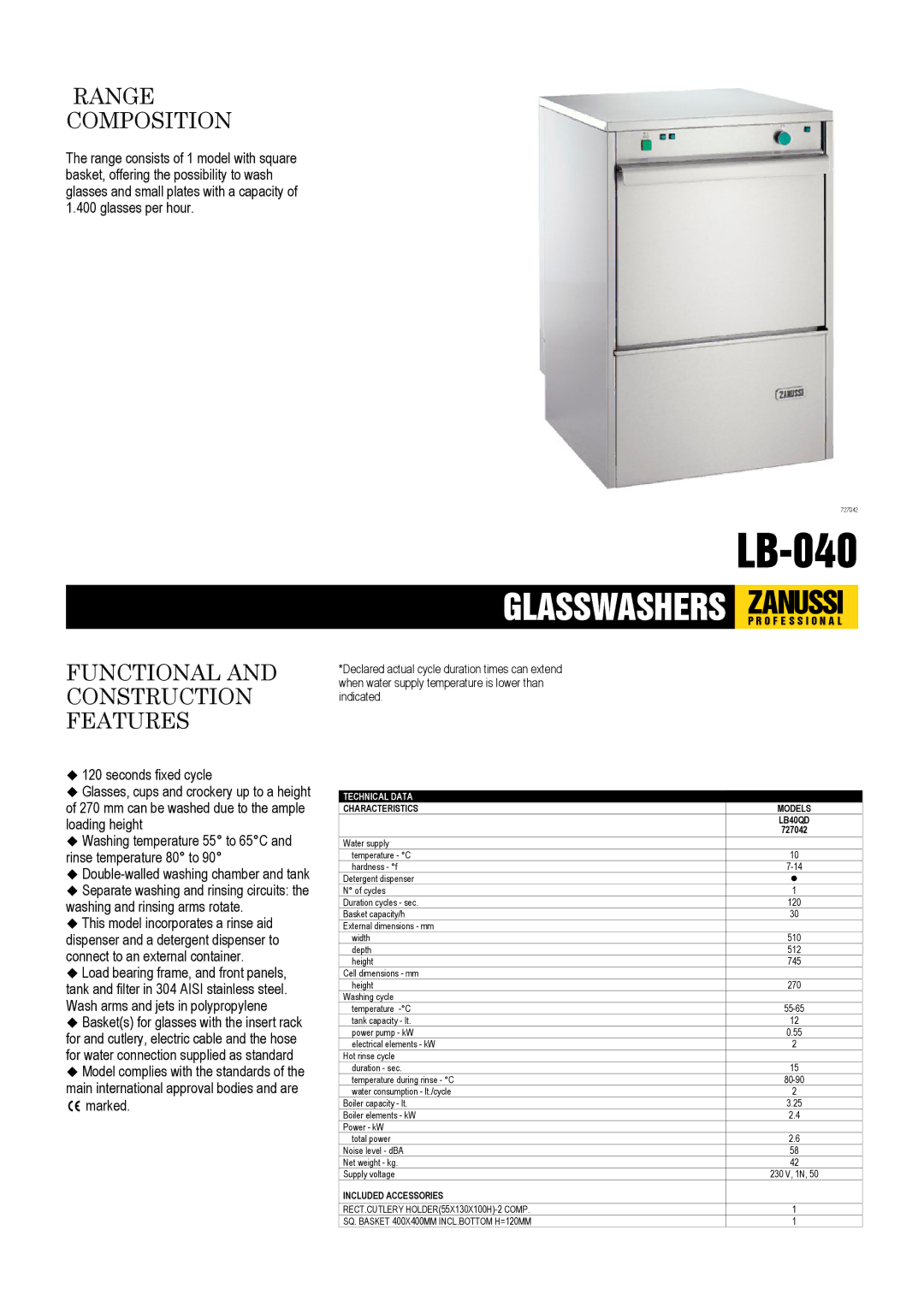 Zanussi LB-040 dimensions Range Composition, Functional and Construction Features 