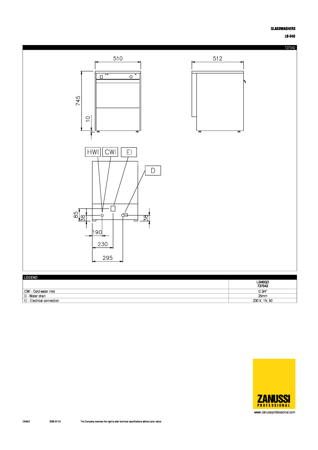 Zanussi LB-040 Zanussi, Legend, CWI - Cold water inlet D - Water drain, EI - Electrical connection, 727042, LB40QD, EAAA2 