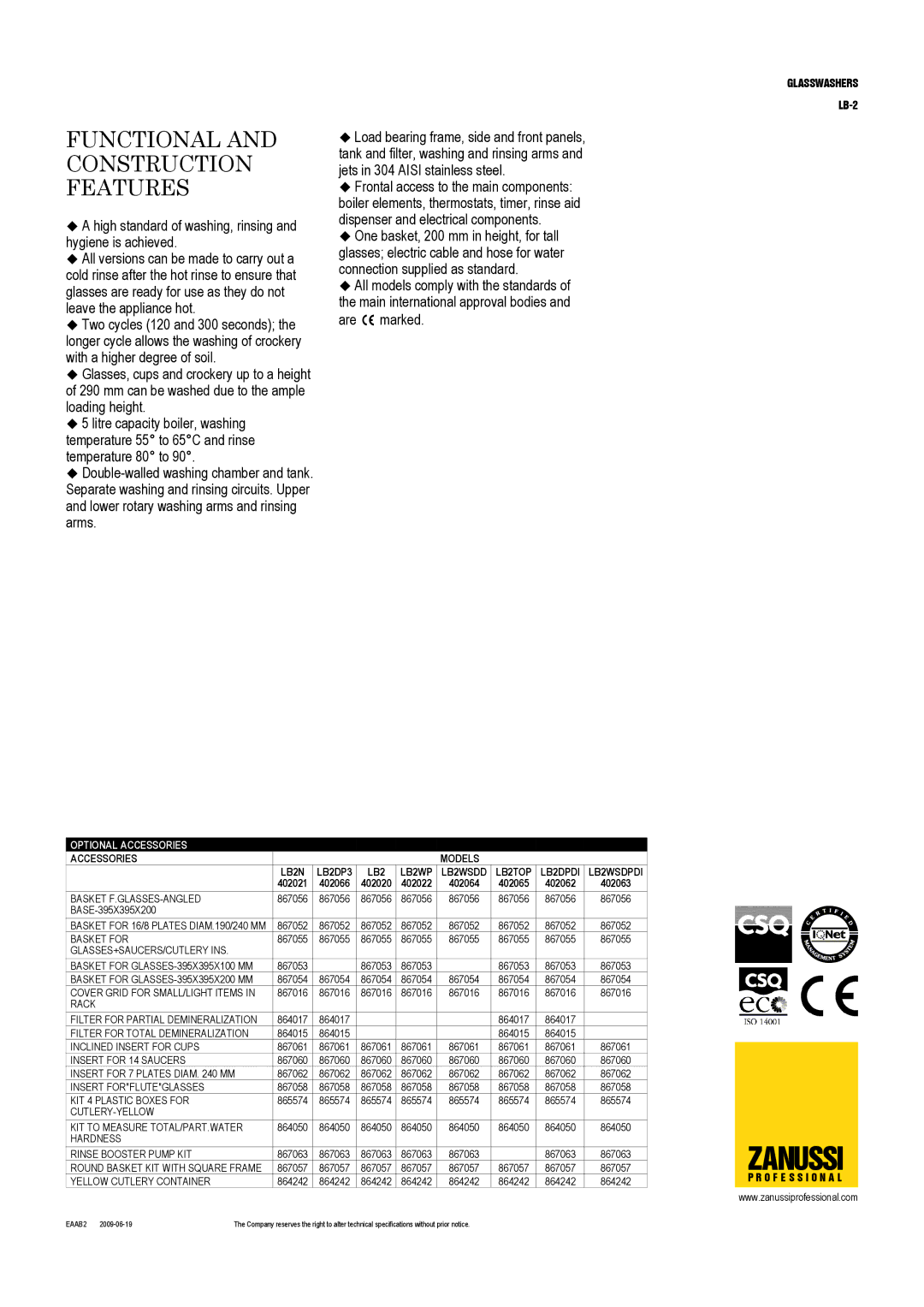 Zanussi LB2WSDD, LB2N, LB2TOP, LB2DPDI, LB-2, LB2DP3, LB2WSDPDI Functional and Construction Features, Optional Accessories 