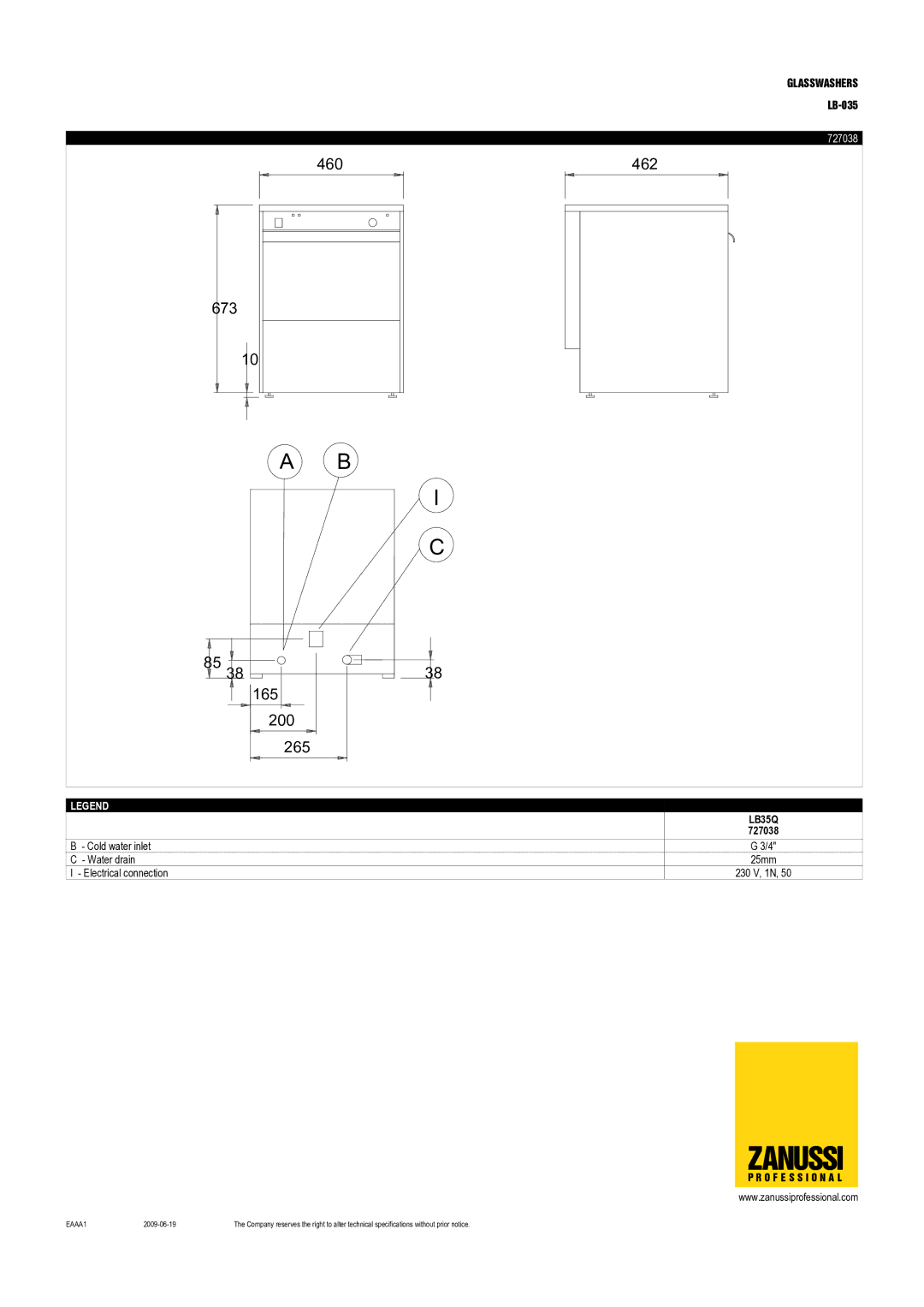 Zanussi LB-035, LB35QDD, LB35CQ, 727040, 727039, 727038, 727034 dimensions 460 462 673 165 200 265 