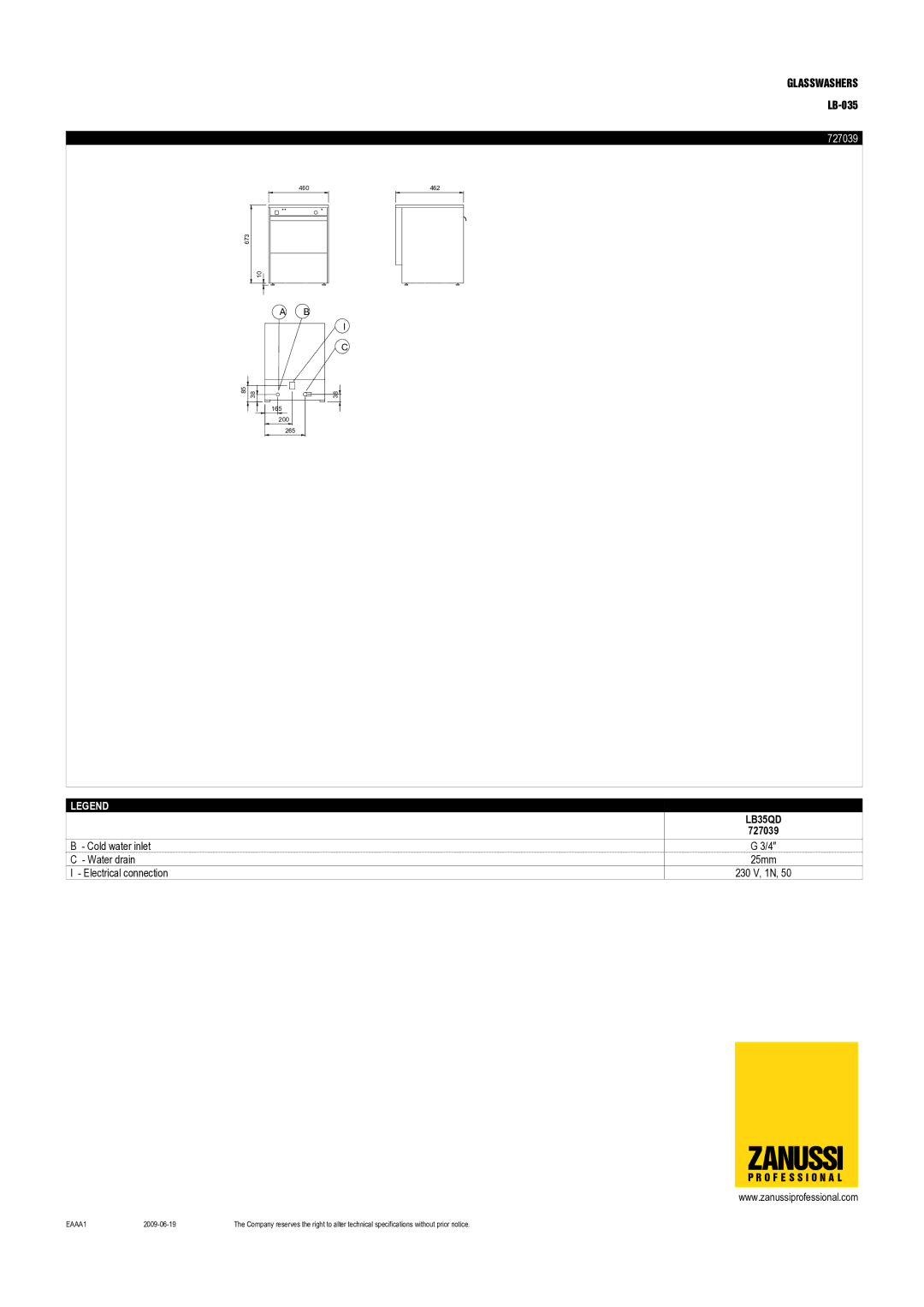 Zanussi 727040, LB35QDD, LB35CQ, LB-035, 727039, 727038, 727034 dimensions 