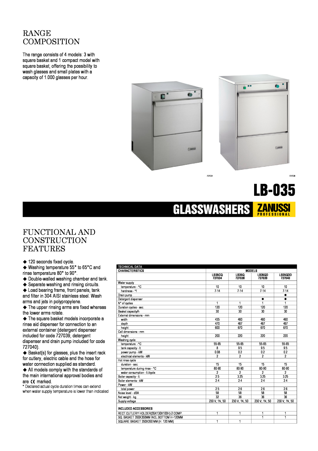 Zanussi LB35QD dimensions Range Composition, Functional And Construction Features, seconds fixed cycle, are H marked 