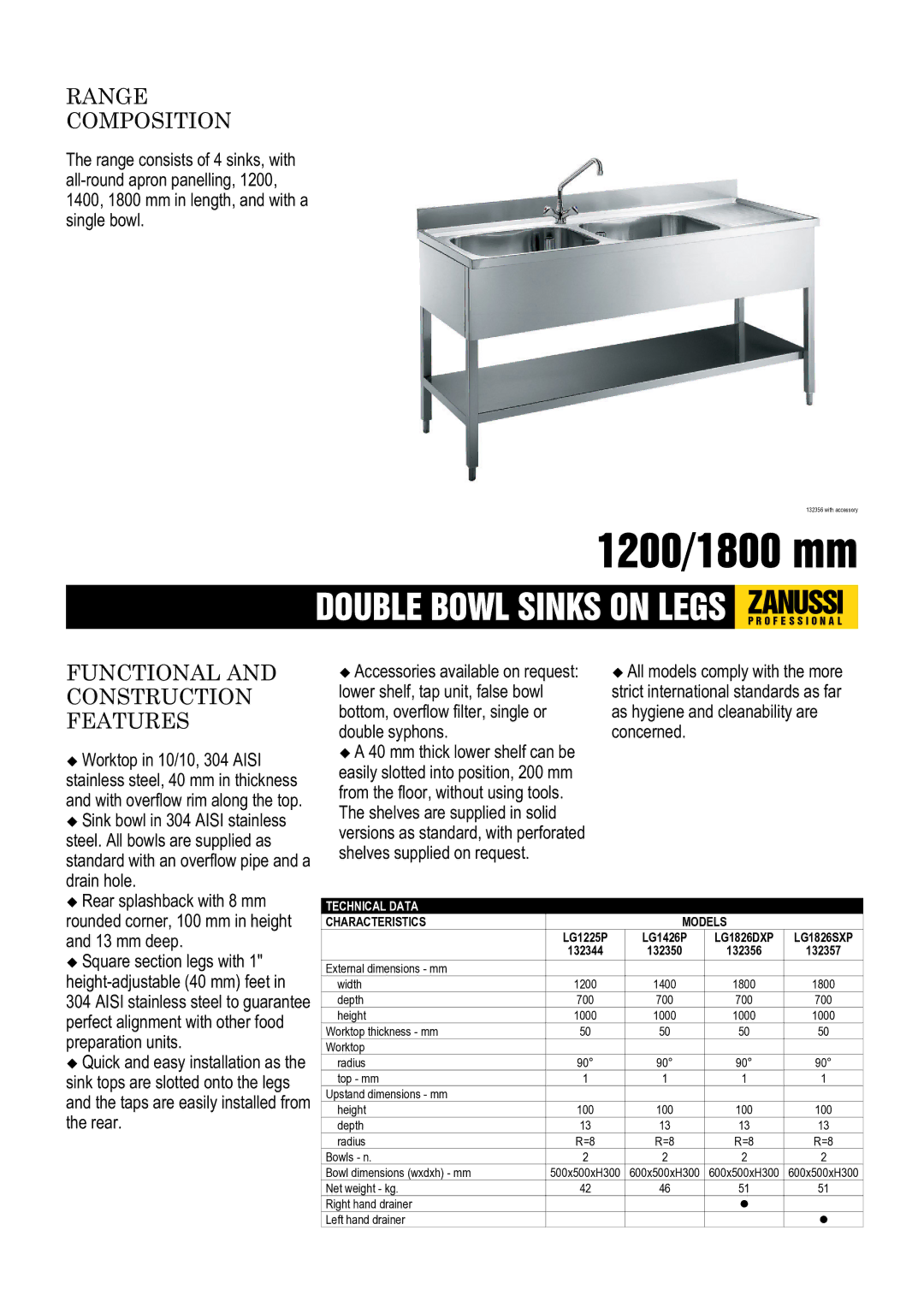 Zanussi LG1225P, LG1826SXP, LG1426P, LG1826DXP, 132350 dimensions Range Composition, Functional and Construction Features 