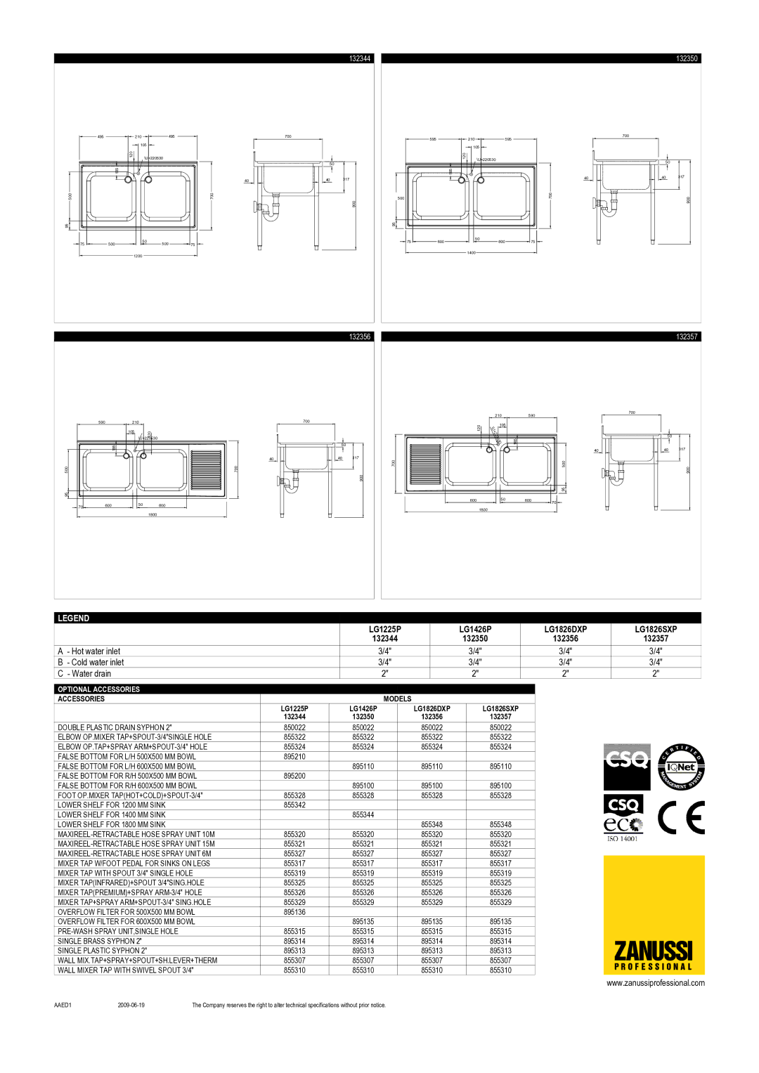 Zanussi LG1426P, LG1826SXP, LG1225P, LG1826DXP, 132350, 132356, 132357, 132344 dimensions Zanussi 