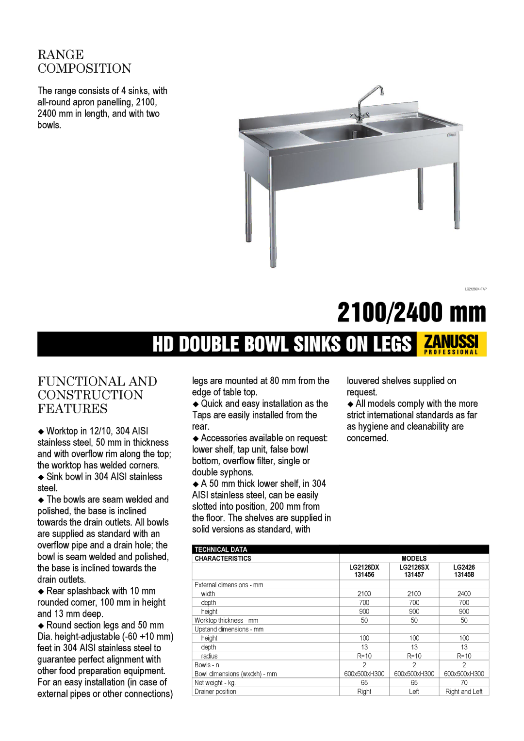 Zanussi LG2126SX, LG2426, LG2126DX, 131456, 131457, 131458 dimensions Range Composition, Functional and Construction Features 