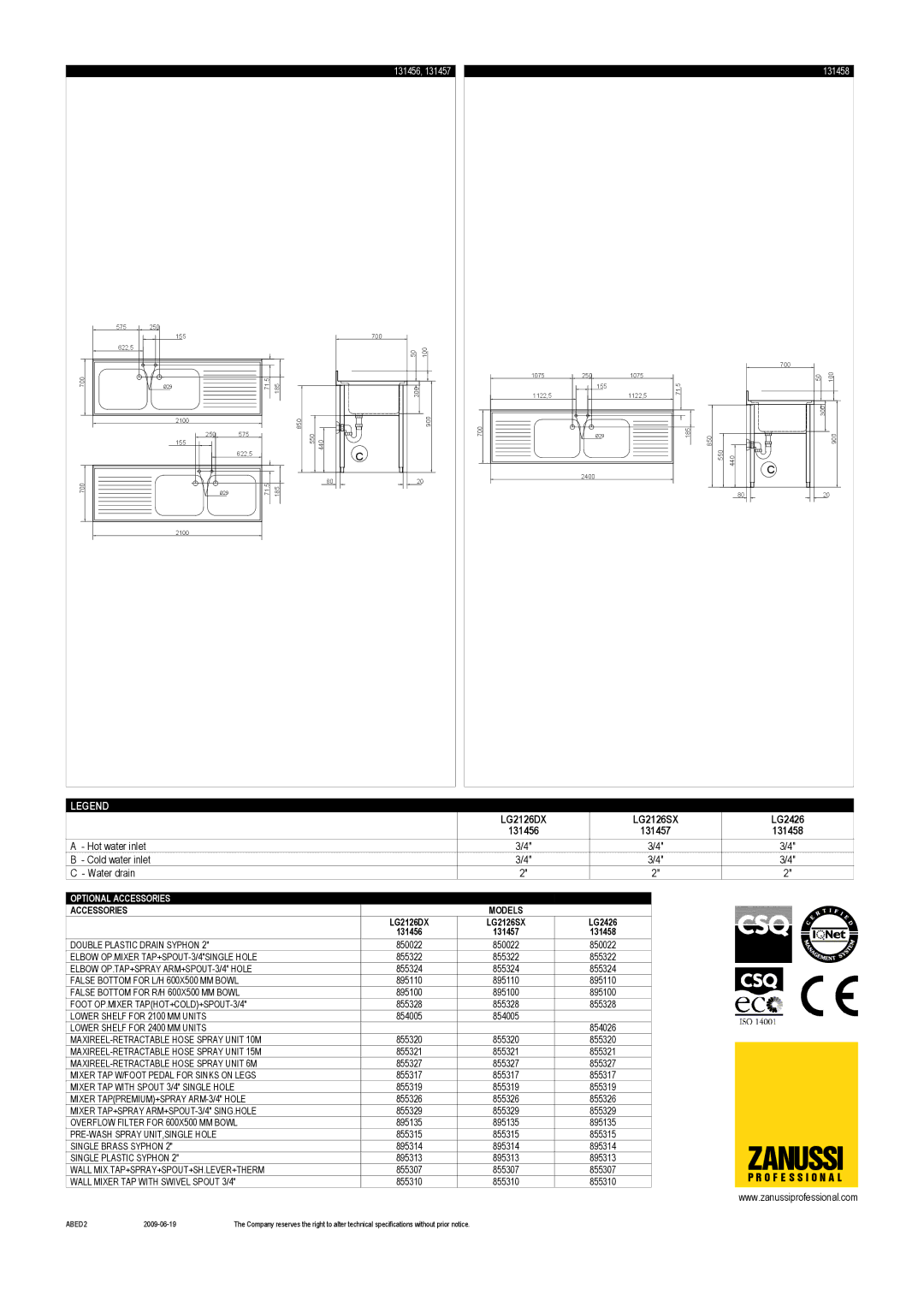 Zanussi LG2126DX, LG2426, LG2126SX, 131456, 131457, 131458 dimensions Zanussi 