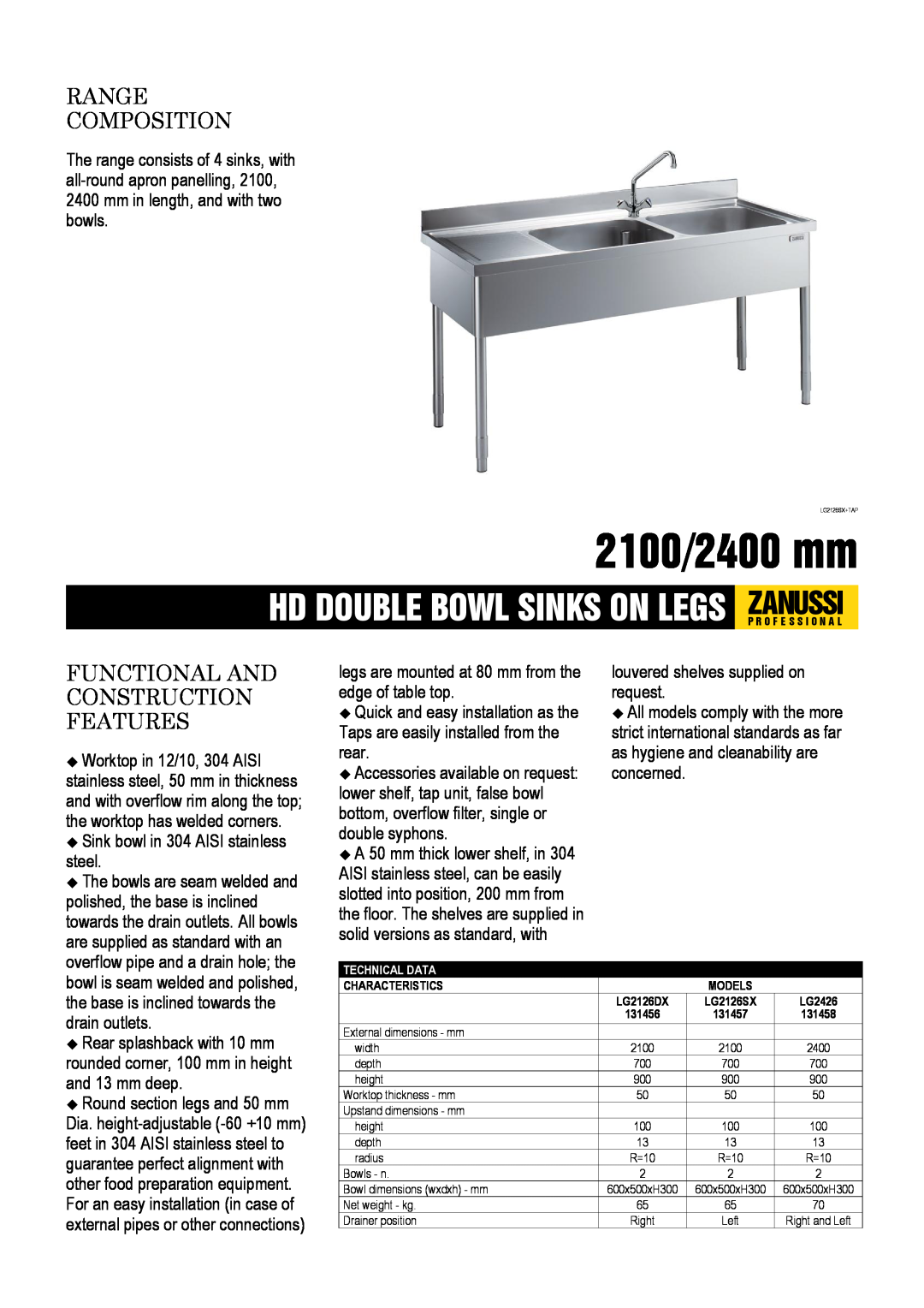 Zanussi LG2126SX, LG2426, LG2126DX, 131456 dimensions 2100/2400 mm, Range Composition, Functional And Construction Features 