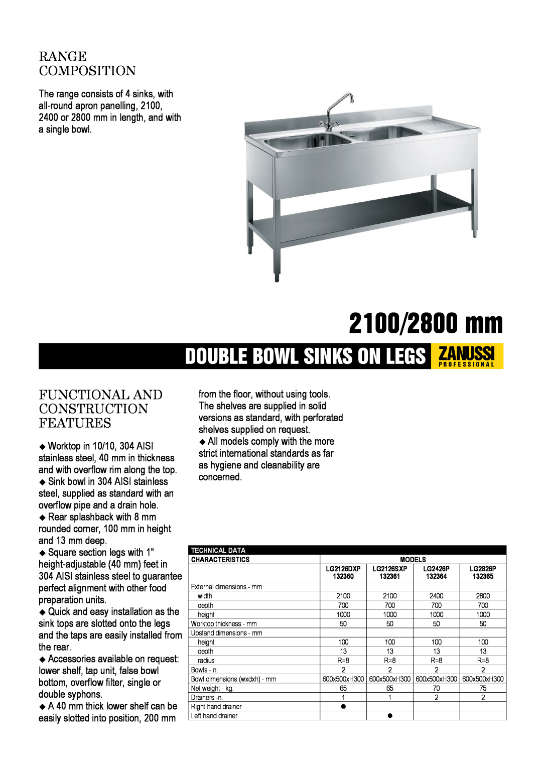 Zanussi 132365, LG2826P, 132361, LG2426P dimensions 2100/2800 mm, Range Composition, Functional And Construction Features 