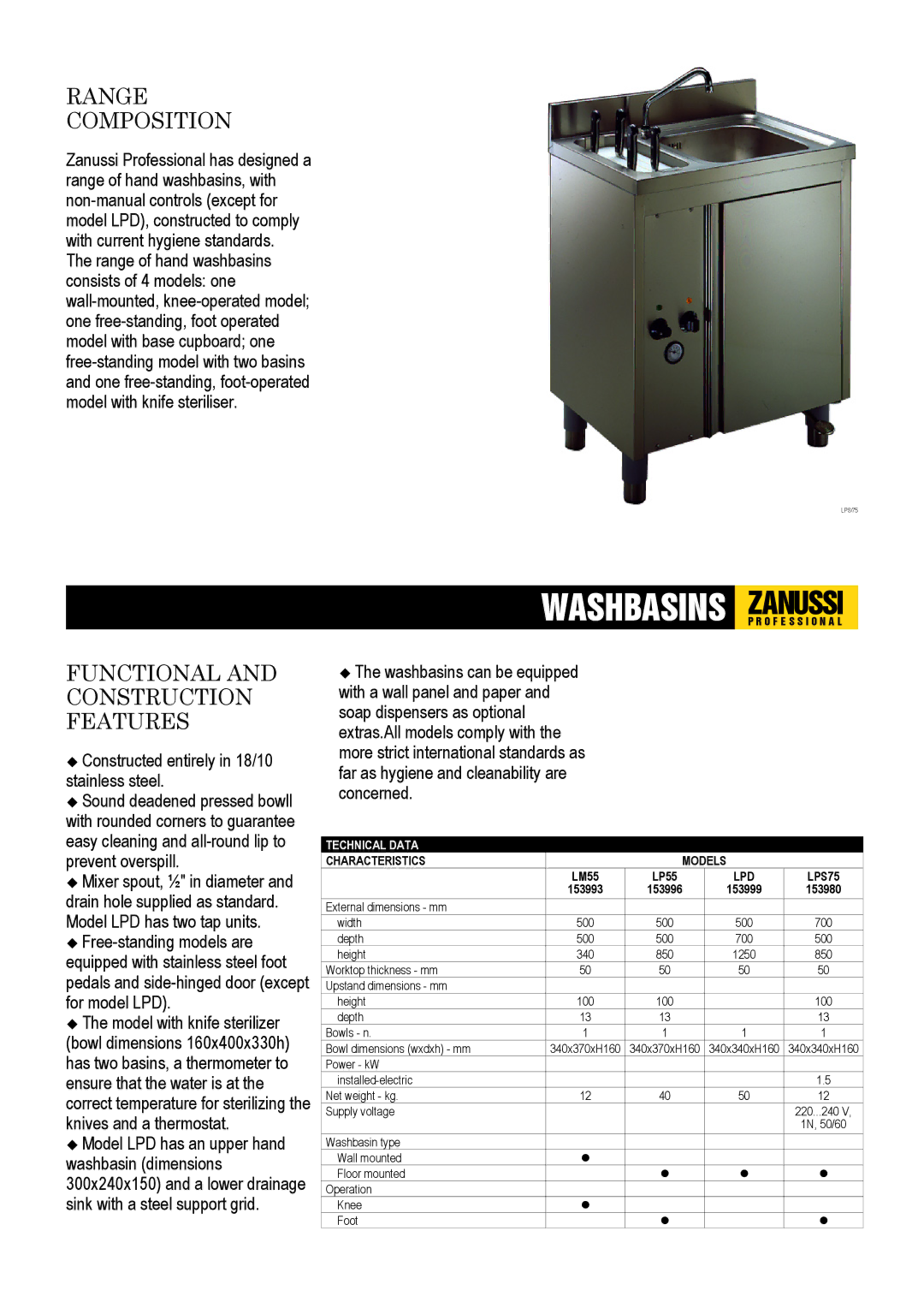 Zanussi LPS75, LPD, LP55, LM55, 153999, 153996, 153980 dimensions Range Composition, Functional and Construction Features 