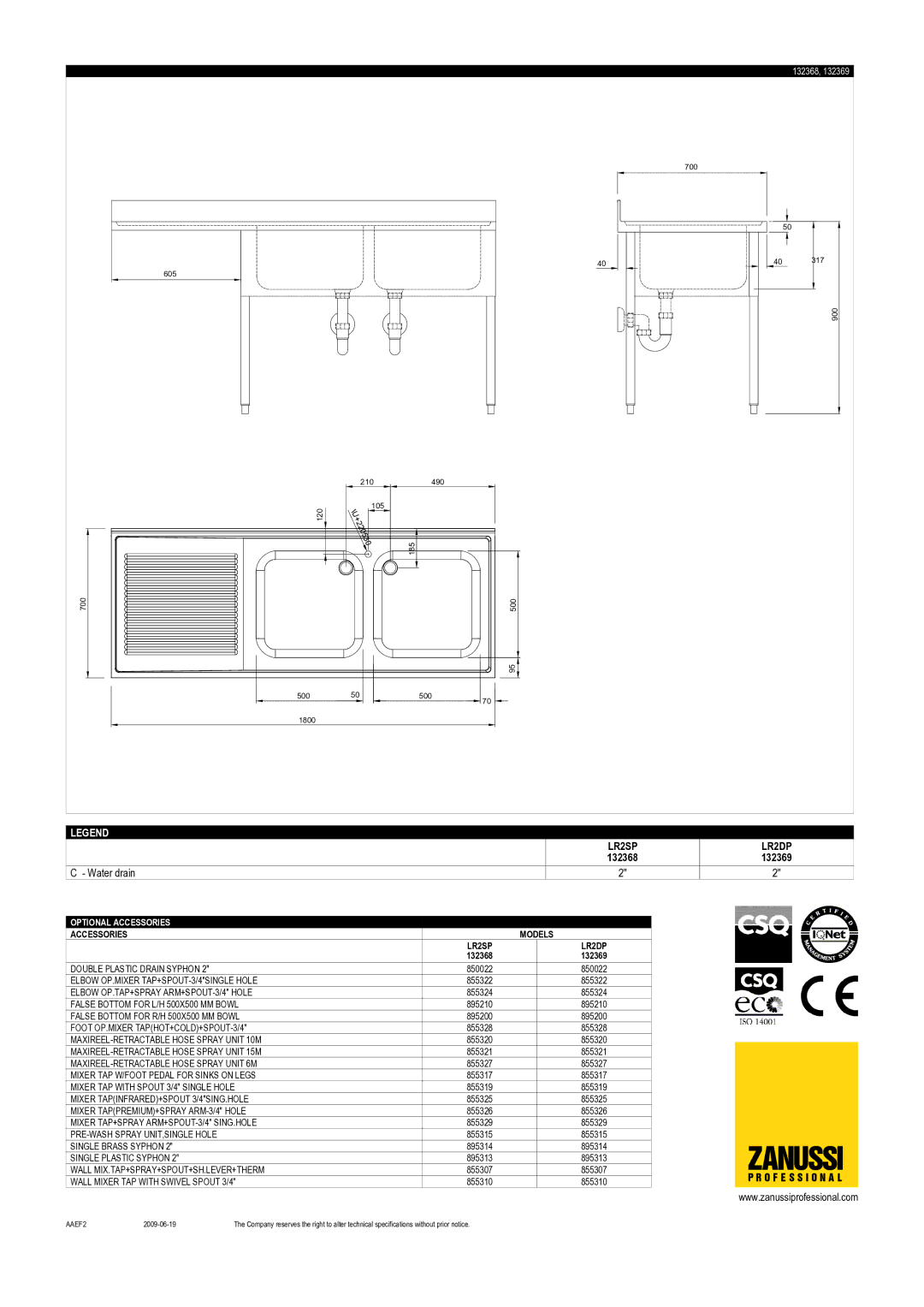 Zanussi 132368, LR2SP, LR2DP, 132369 dimensions Zanussi 