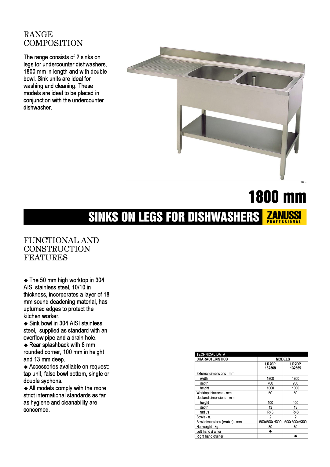 Zanussi LR2DP, LR2SP dimensions 1800 mm, Sinks On Legs For Dishwashers Zanussip R O F E S S I O N A L, Range Composition 