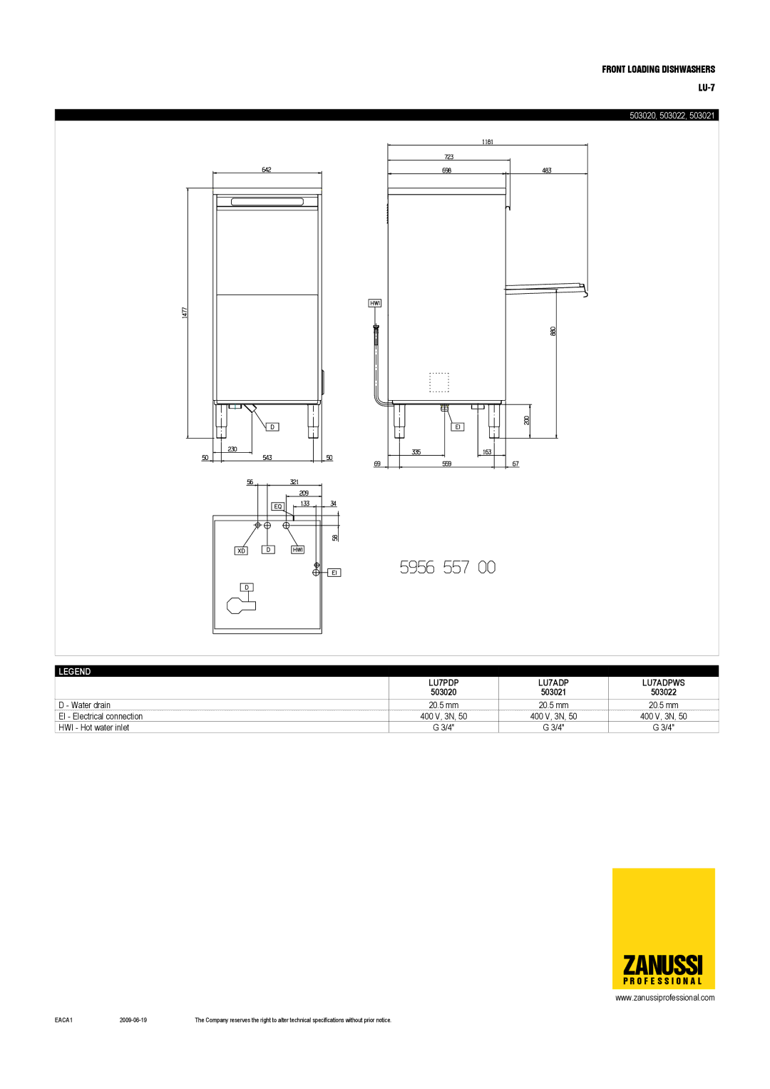 Zanussi LU7ADPWS, LU7PDP, LS7EP, LU-7, 503021, 503020, 503022 dimensions Zanussi 